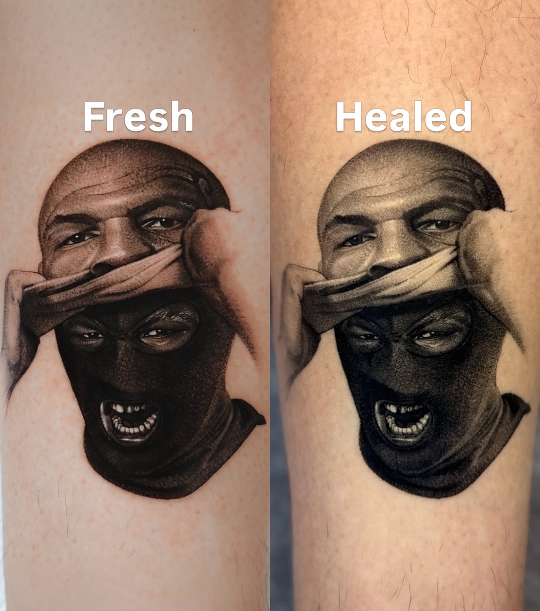 Man pulling off ski mask realism tattoo on the forearm by Saru