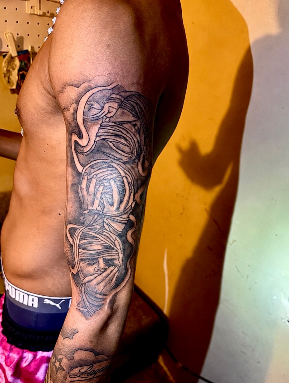 Three wise monkeys motif surrealism tattoo on the forearm by JayyeSosa