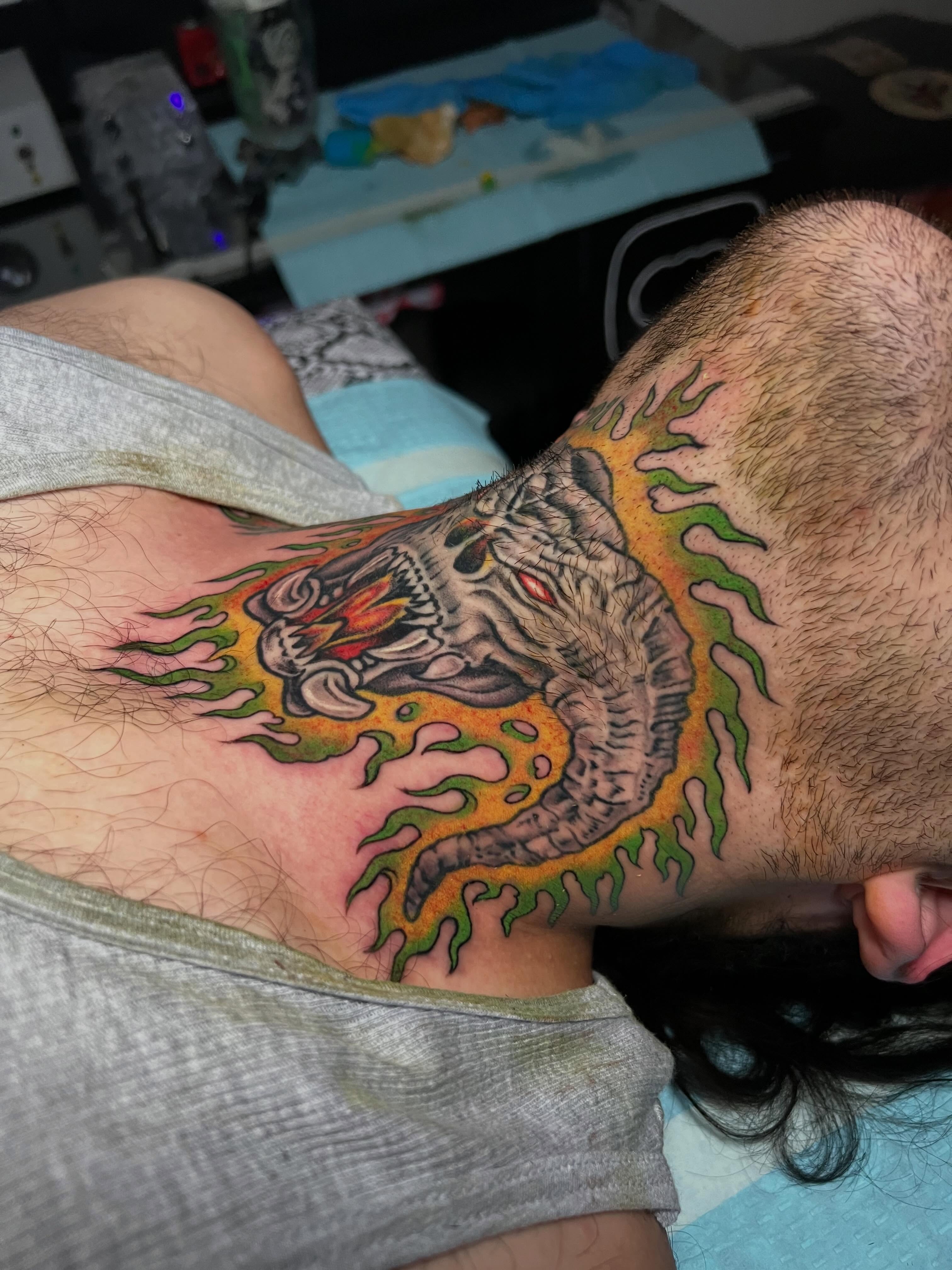 Elephant American traditional tattoo on the shoulder by Charlie Campanella