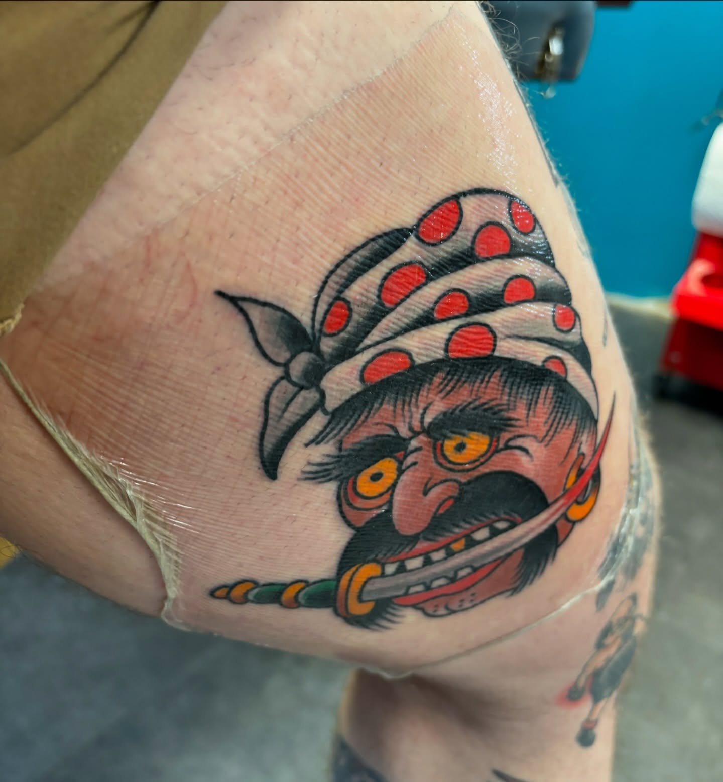 Japanese warrior American traditional tattoo on the thigh by Cody Wallenius, Merrillville, Indiana