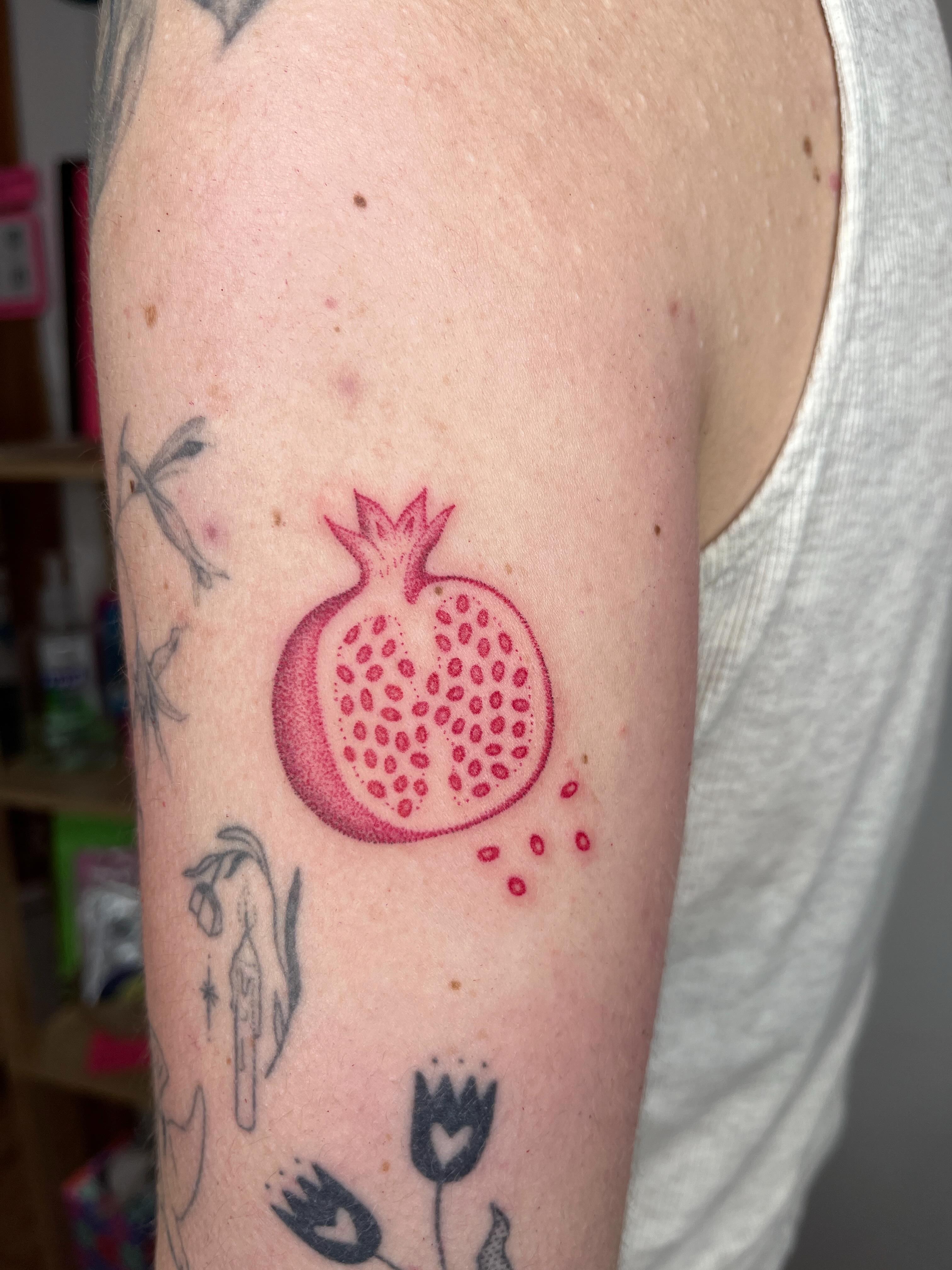 Pomegranate dotwork tattoo on the forearm by natalie