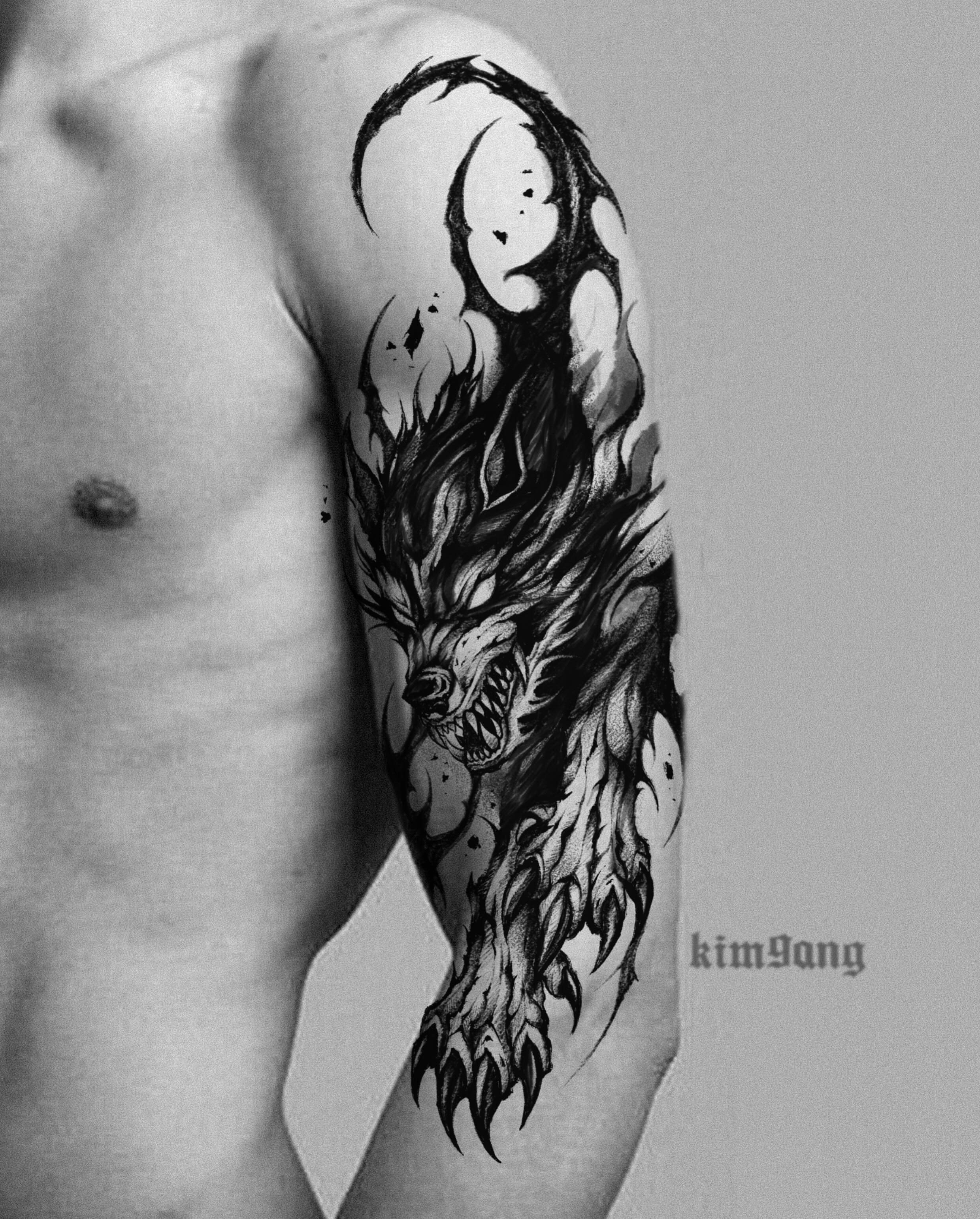 Wolf and ghost dark realism tattoo on the forearm by Kimgang 김강