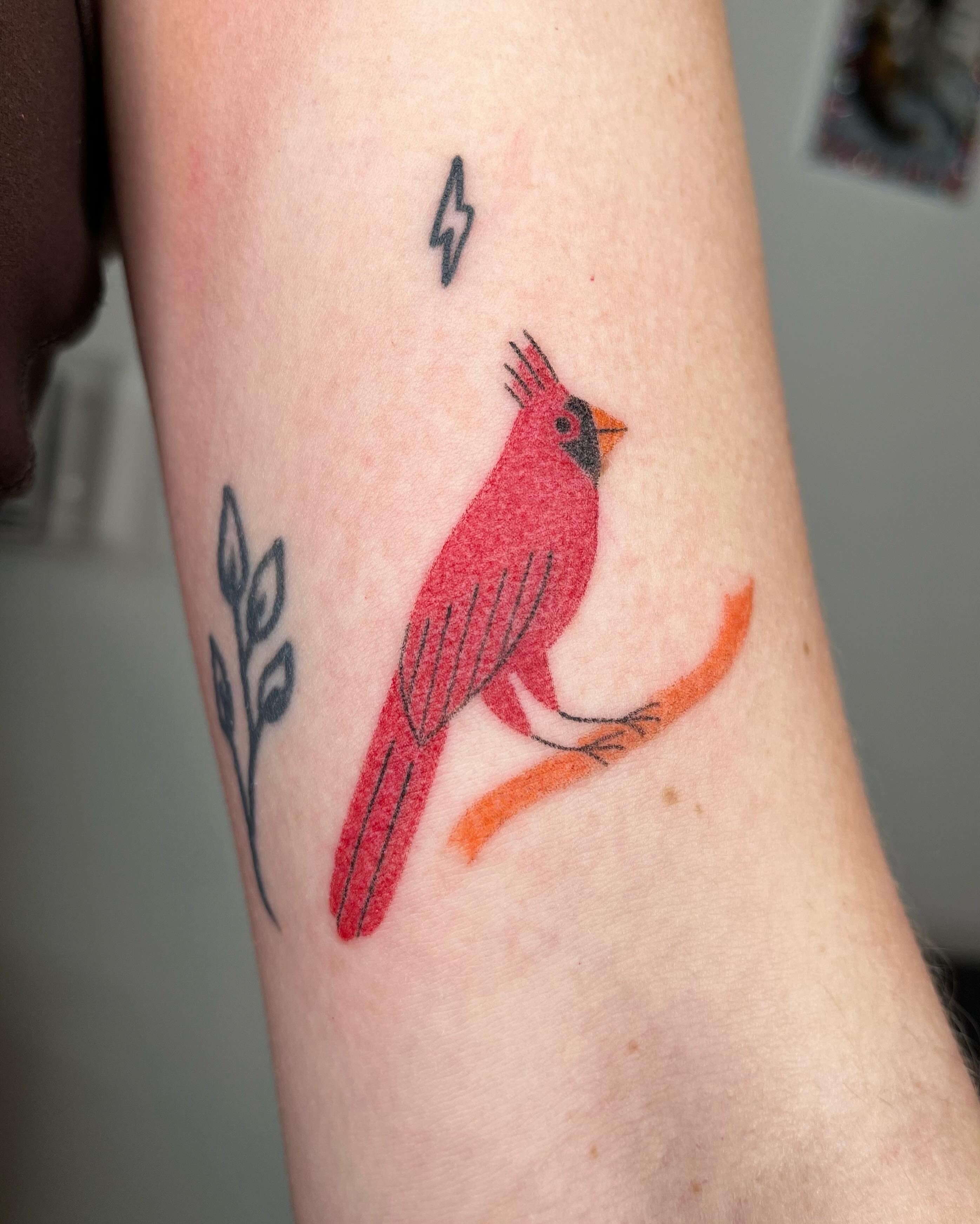 Cardinal bird American traditional tattoo on the forearm by Jenna