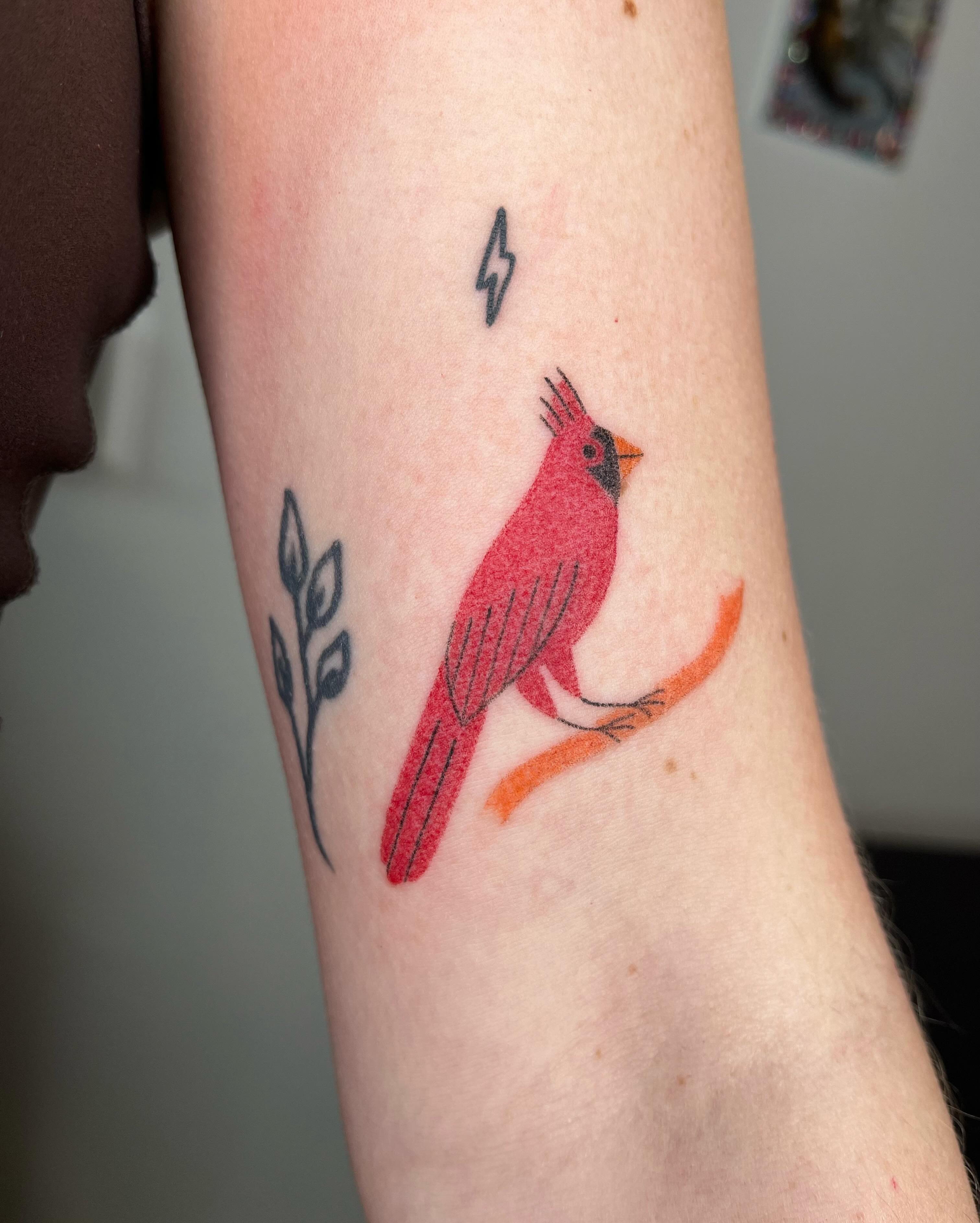 Cardinal bird minimalist tattoo on the forearm by Jenna