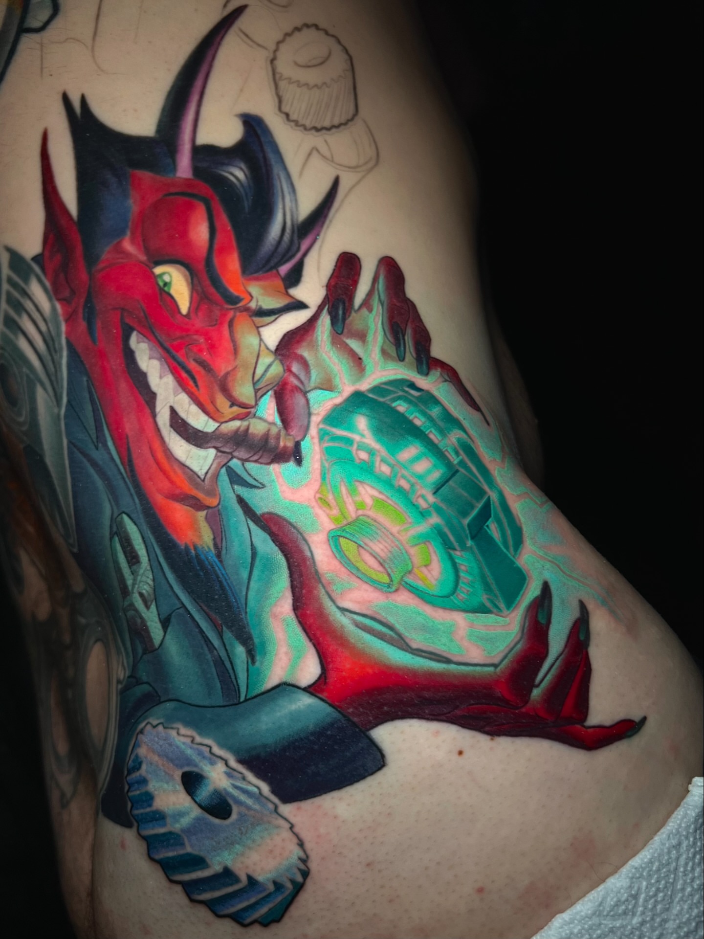 Demon new school tattoo on the thigh by Tim Stafford