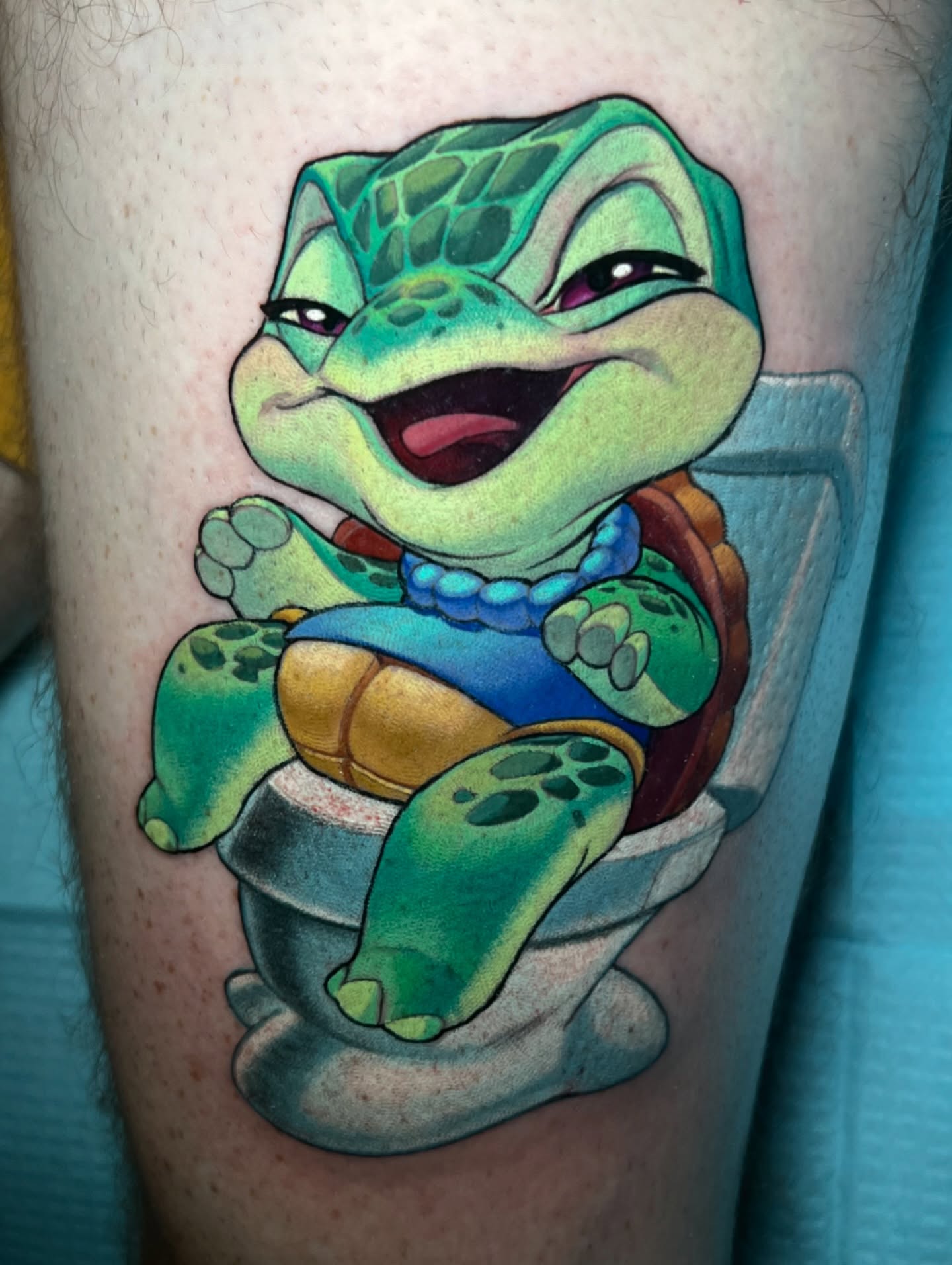Turtle new school tattoo on the thigh by Tim Stafford