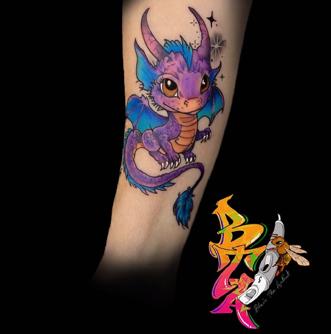 Cartoon dragon new school tattoo on the forearm by Blair The Artist!