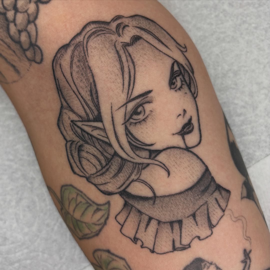 Elf girl dotwork tattoo on the forearm by Amelia Rose, Los Angeles, California