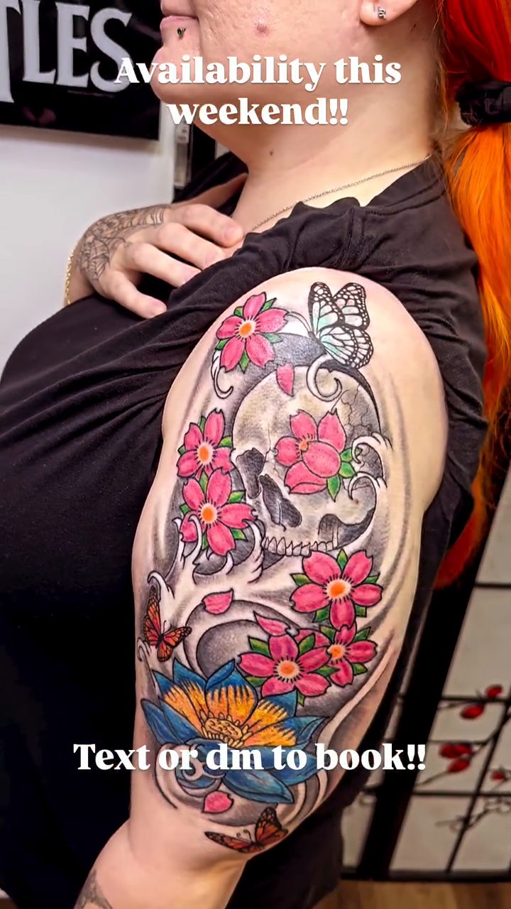 Skull with flowers and butterflies neo-traditional tattoo by Sk Pierce