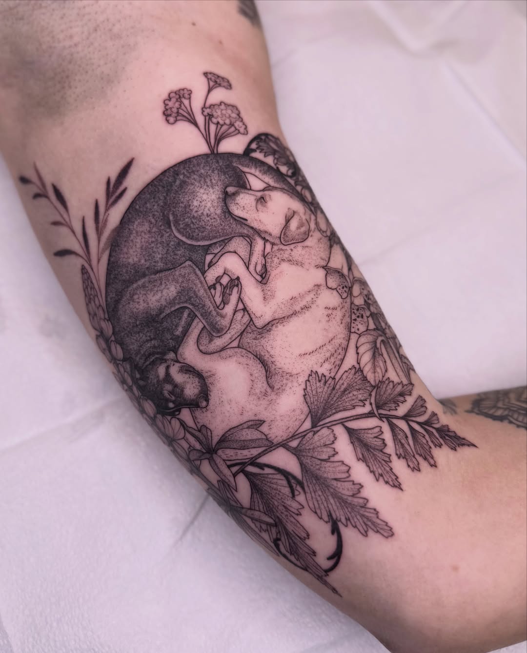 Mother and child dotwork tattoo on the forearm by Jena Perry