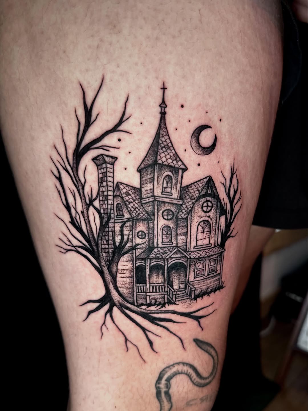Tattoo by @morgue.in.tattoos — dark_realism, black_and_grey