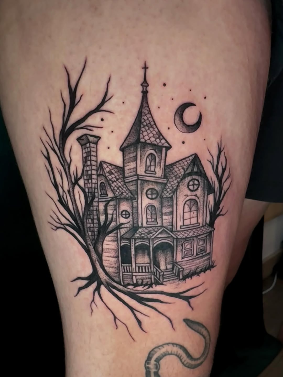 Tattoo by @morgue.in.tattoos — black_and_grey, dark_realism