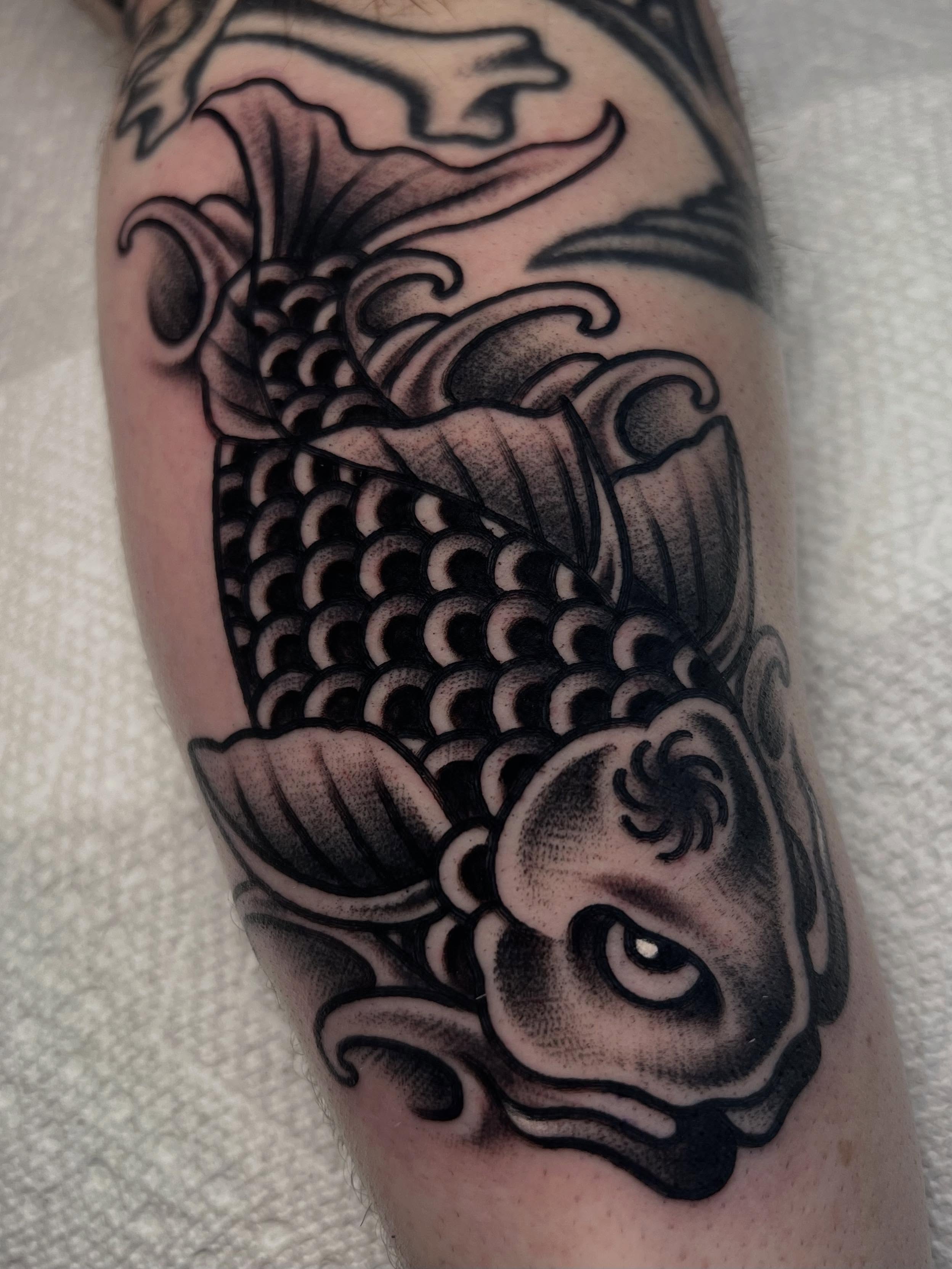 Koi fish black and grey tattoo on the forearm by ᴍᴀᴛᴛ ᴀʟᴇxᴀɴᴅᴇʀ