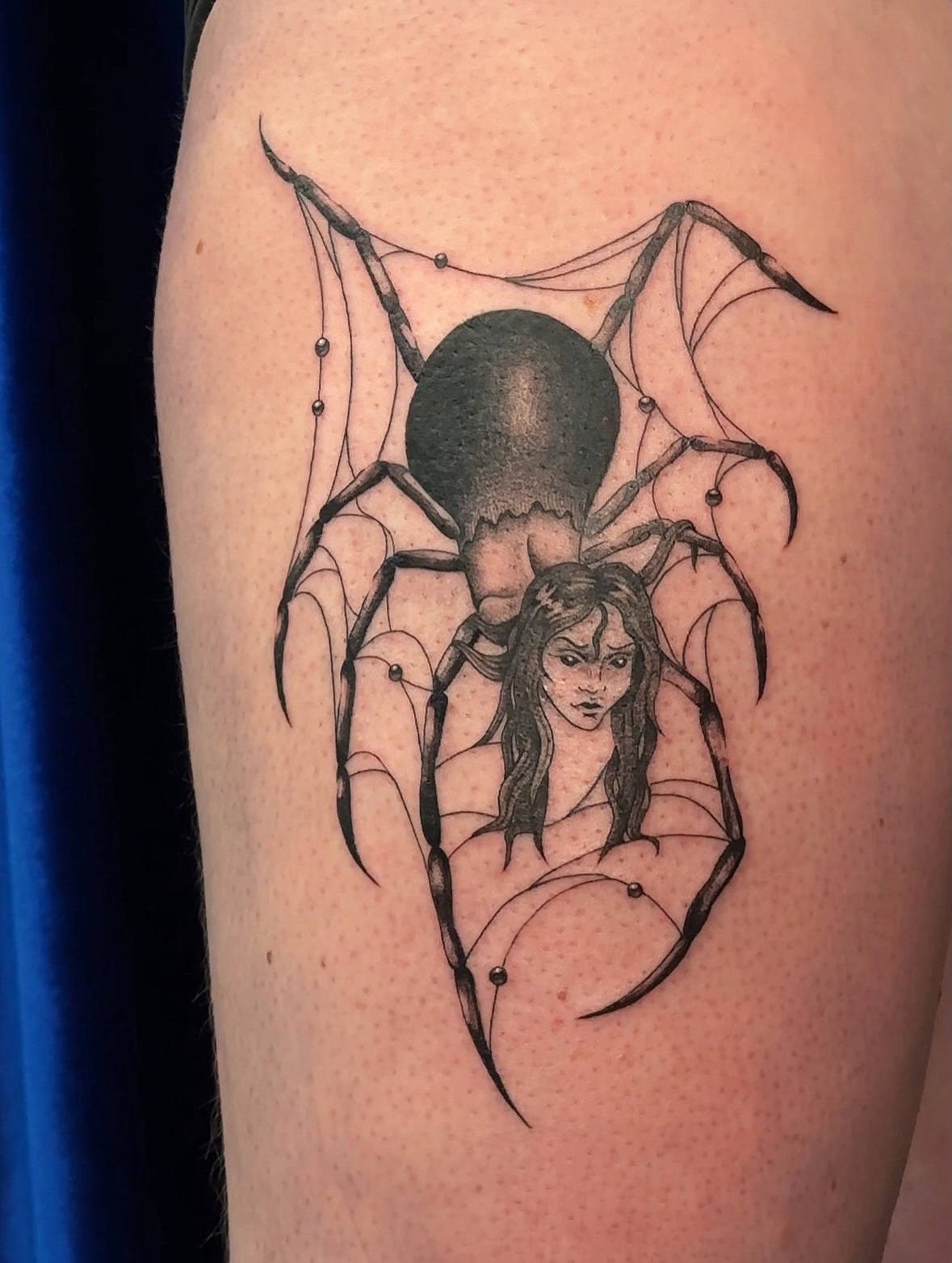 Spider and woman dotwork tattoo on the thigh by ๐ฐ ๐ต๐๐๐๐๐ ๐ฐ
