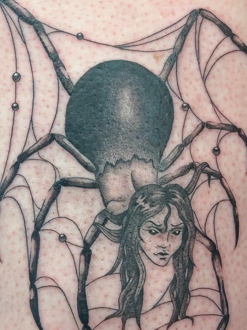 Spider and woman black and grey tattoo on the back by ๐ฐ ๐ต๐๐๐๐๐ ๐ฐ