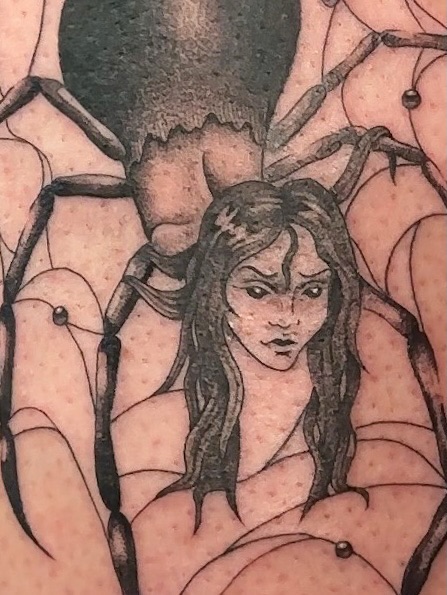 Woman with spider black and grey tattoo on the chest by ๐ฐ ๐ต๐๐๐๐๐ ๐ฐ