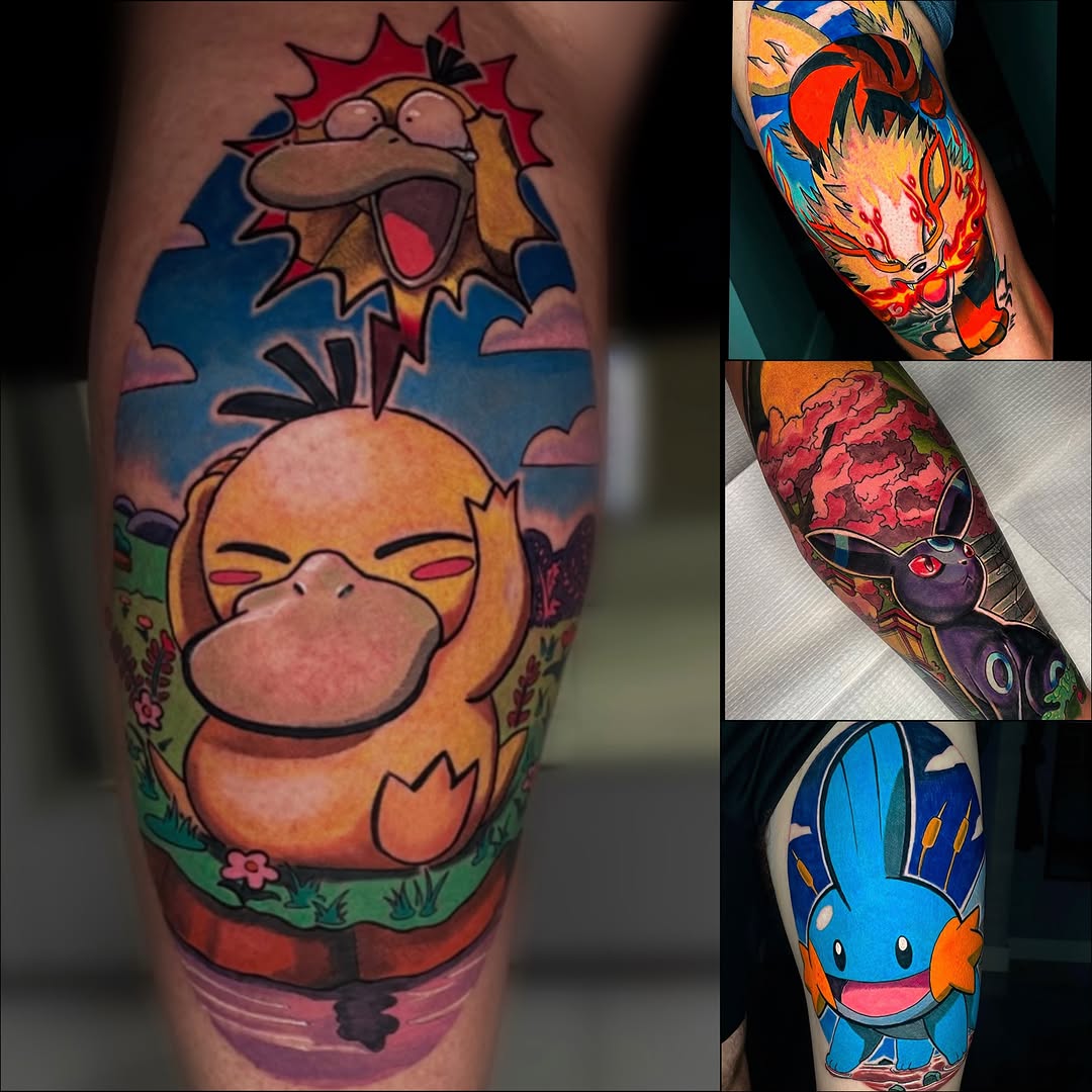 Pokemon characters new school tattoo on the upper arm by David Carras-pol, Miramar, Florida