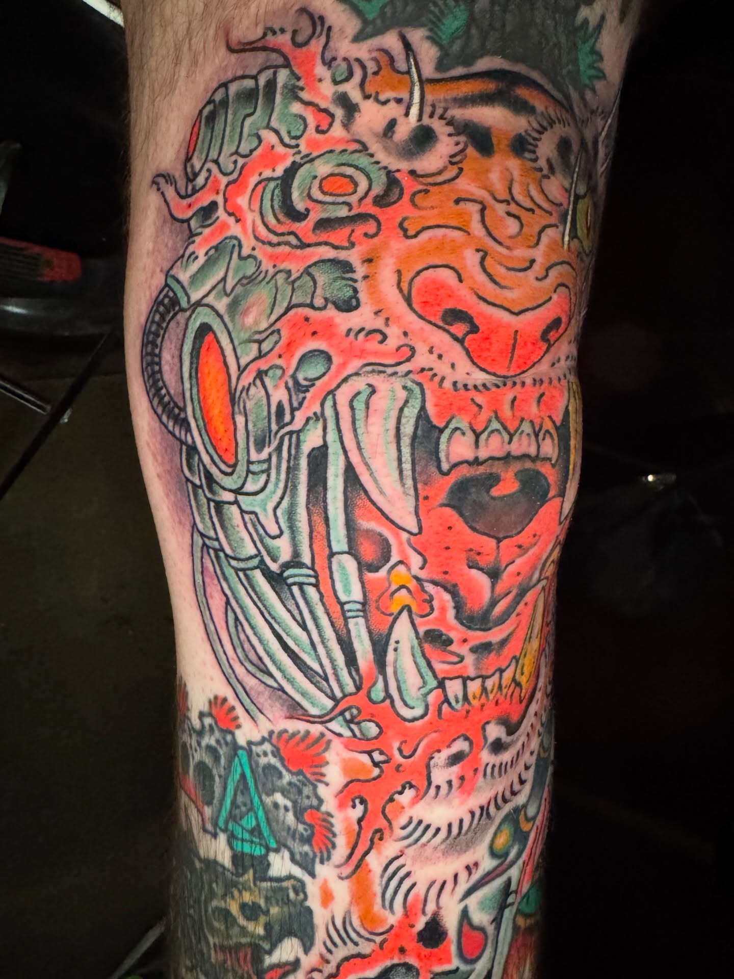 Cyborg skull American traditional tattoo on the forearm by J Ranno, Richmond, Virginia