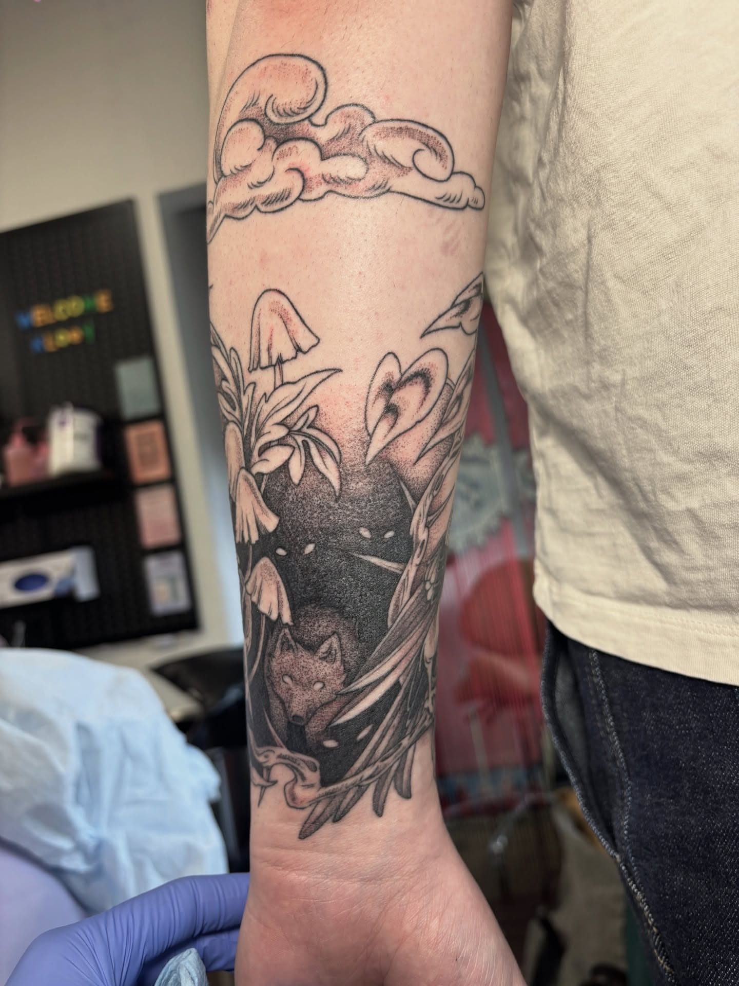 Forest scene dotwork tattoo on the forearm by katie, Seattle, Washington