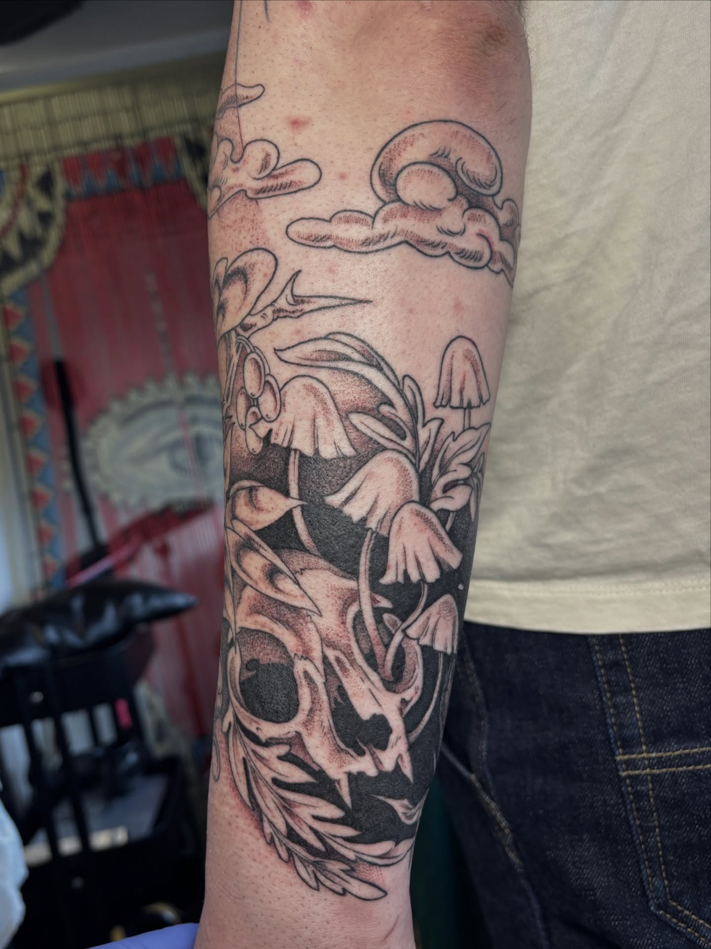 Mushroom forest dotwork tattoo on the forearm by katie, Seattle, Washington