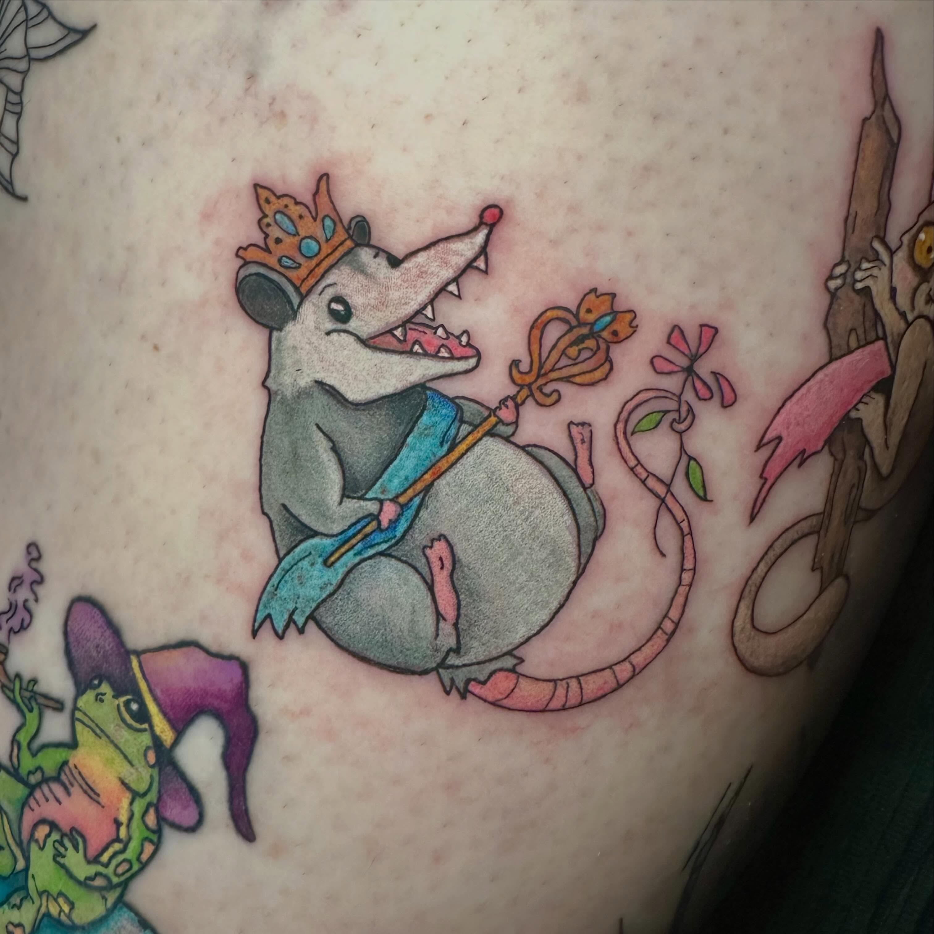 Possum king new school tattoo on the thigh by Sam, Mount Laurel, New Jersey