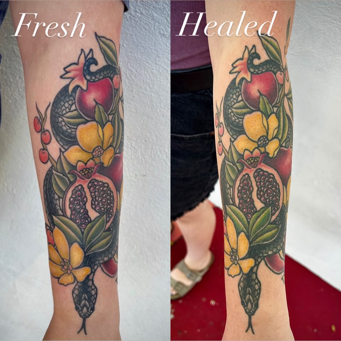 Pomegranate and snake American traditional tattoo on the forearm by Pᴇɪɢʜᴛᴏɴ "Fʟᴀsʜ", Phoenix, Arizona