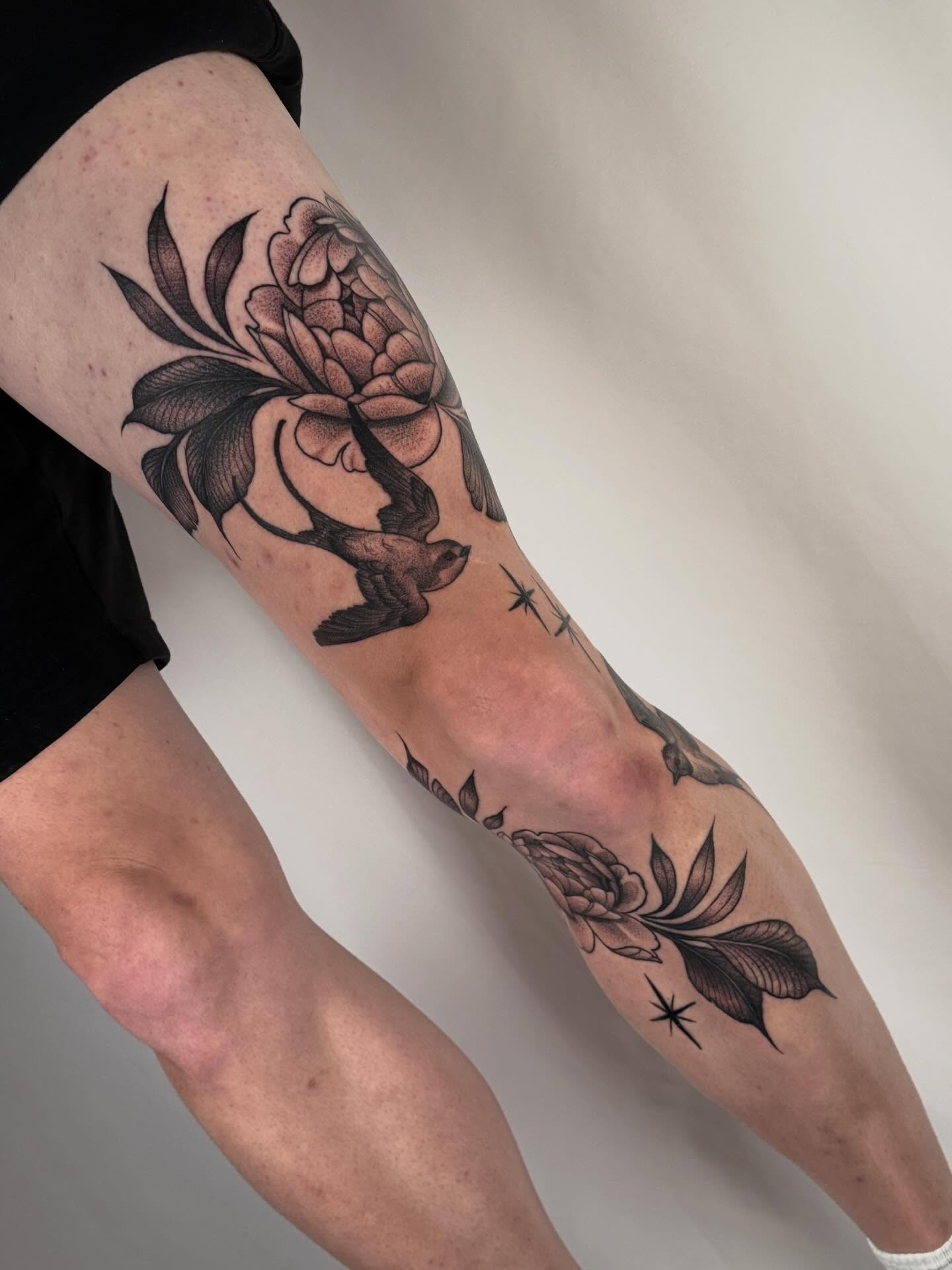 Peony and bird realism tattoo on the forearm by leanna patterson, Ruston, Louisiana