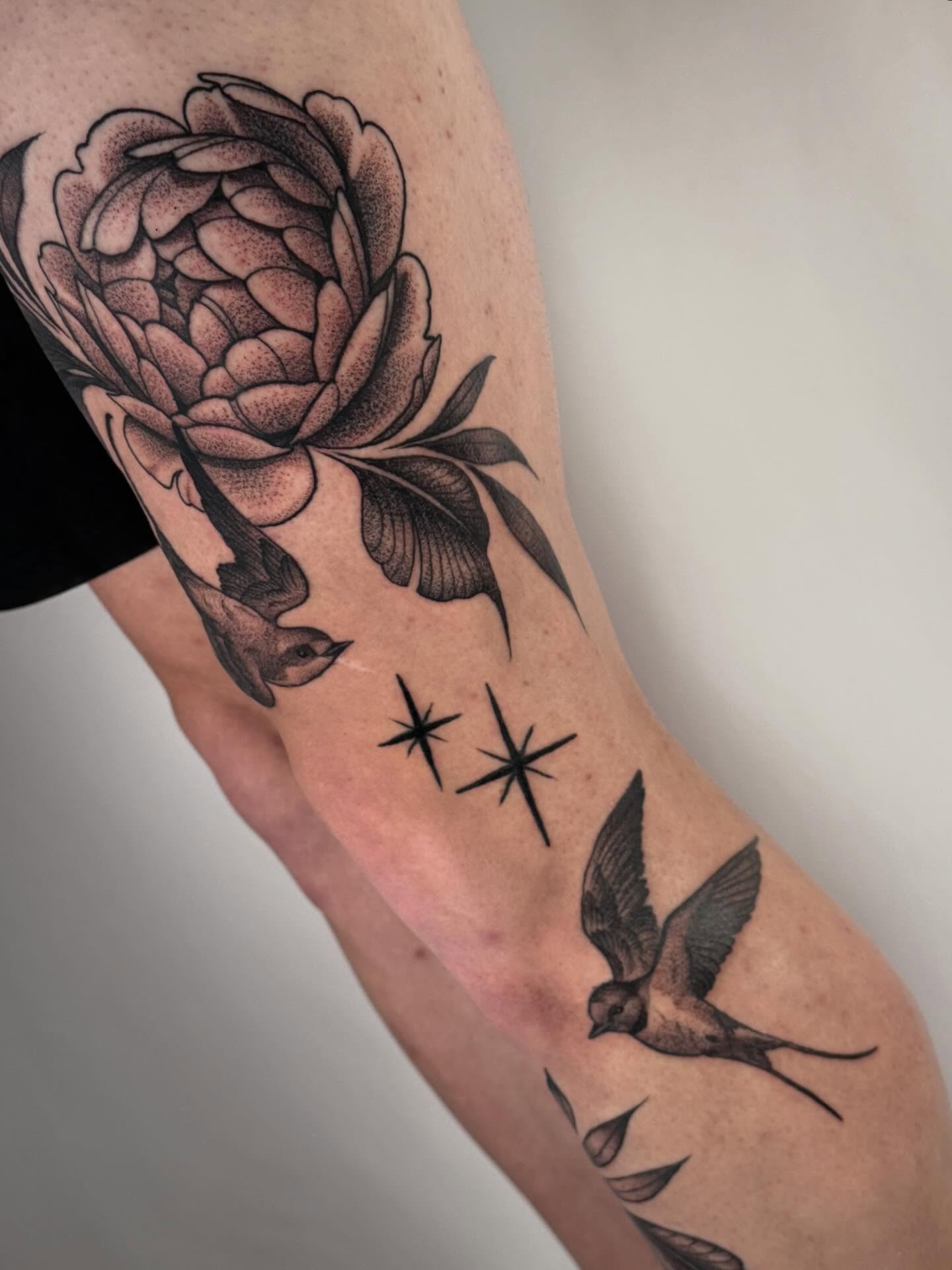 Peony and birds dotwork tattoo on the forearm by leanna patterson, Ruston, Louisiana