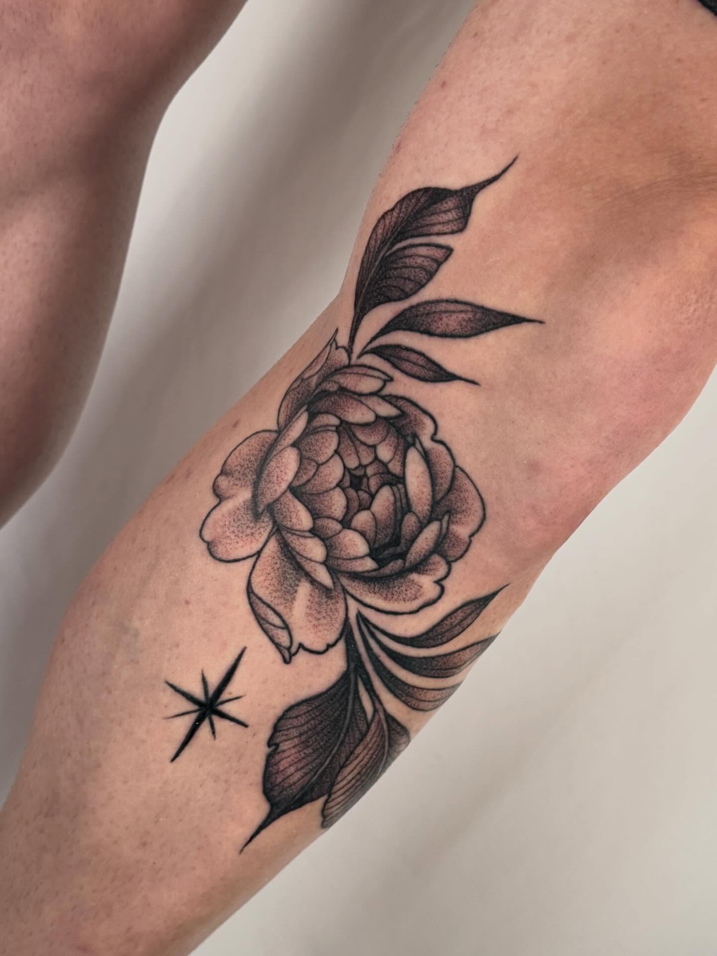 Peony flower dotwork tattoo on the forearm by leanna patterson, Ruston, Louisiana