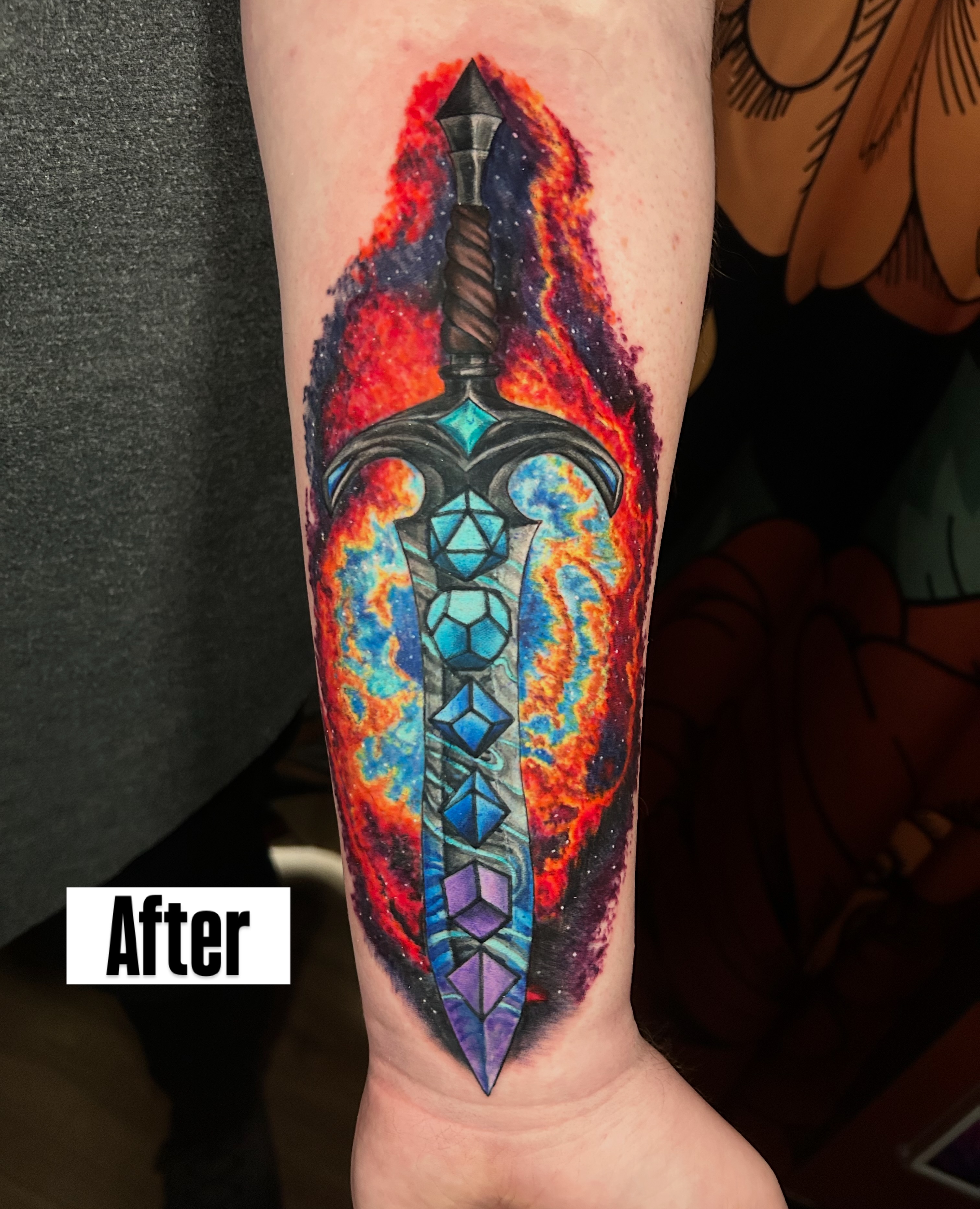 Sword with gemstones geometric tattoo on the forearm by Paisley Diaz, Lombard, Illinois
