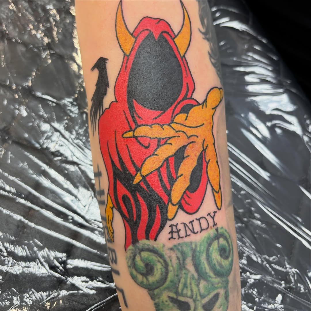 Red devil American traditional tattoo on the forearm by Natalie Opal🪻🍎🫖