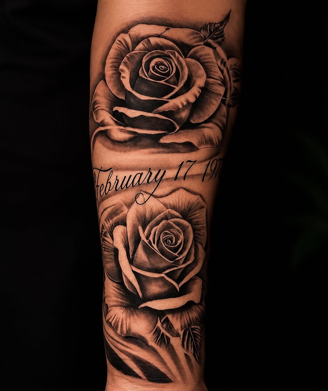 Roses and date neo-traditional tattoo on the forearm by Shane Boss, Toronto, Ontario