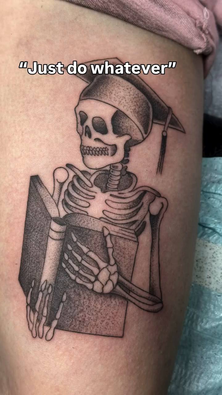 Skeleton reading a book realism tattoo by 🥀Chloe Miller