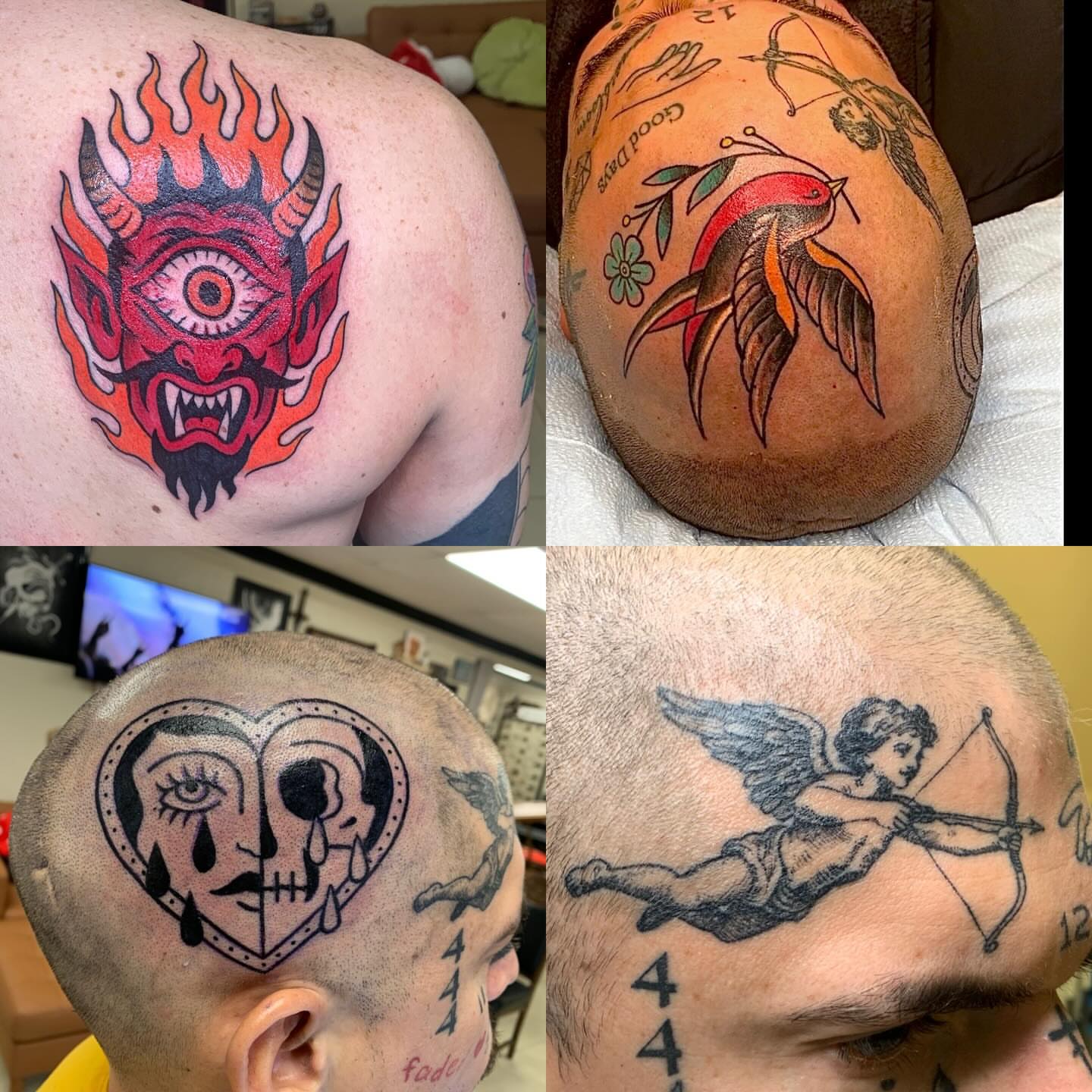 Demon head American traditional tattoo on the shoulder by El Kapitan