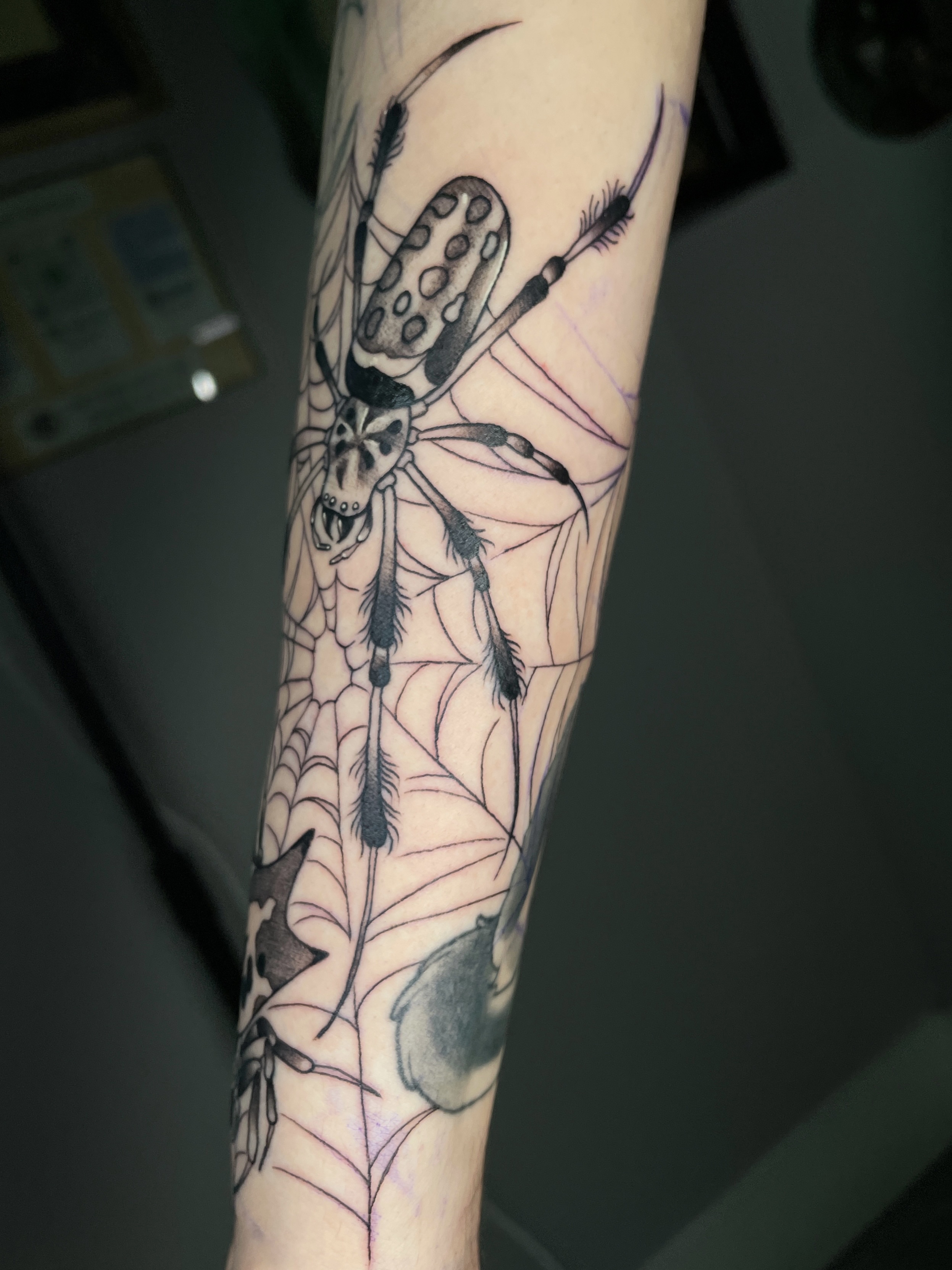 Spider dotwork tattoo on the forearm by zoey sage ✦