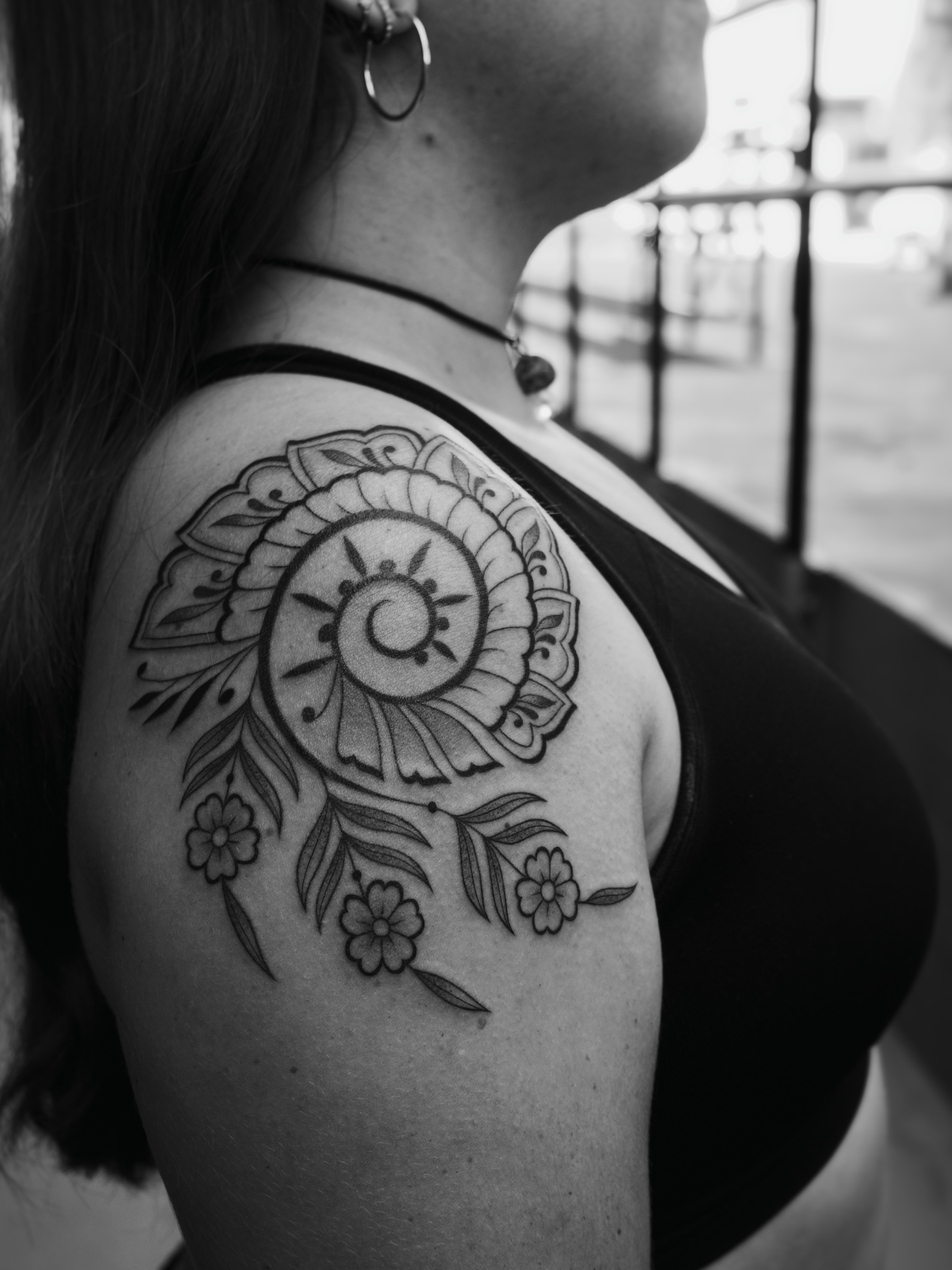 Floral mandala ornamental tattoo on the shoulder by Sabreena Haque
