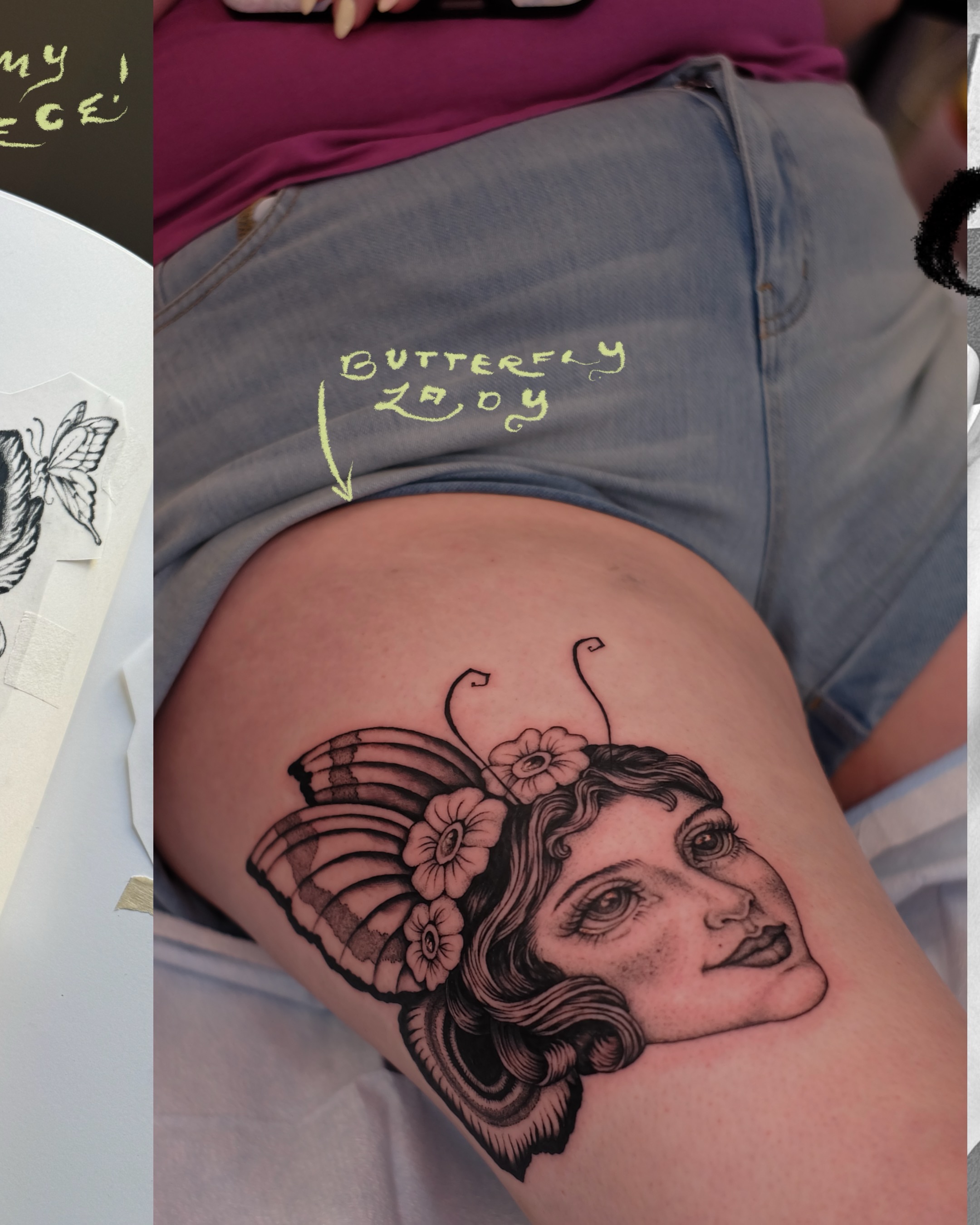 Woman with butterfly wings realism tattoo on the thigh by Sisilia