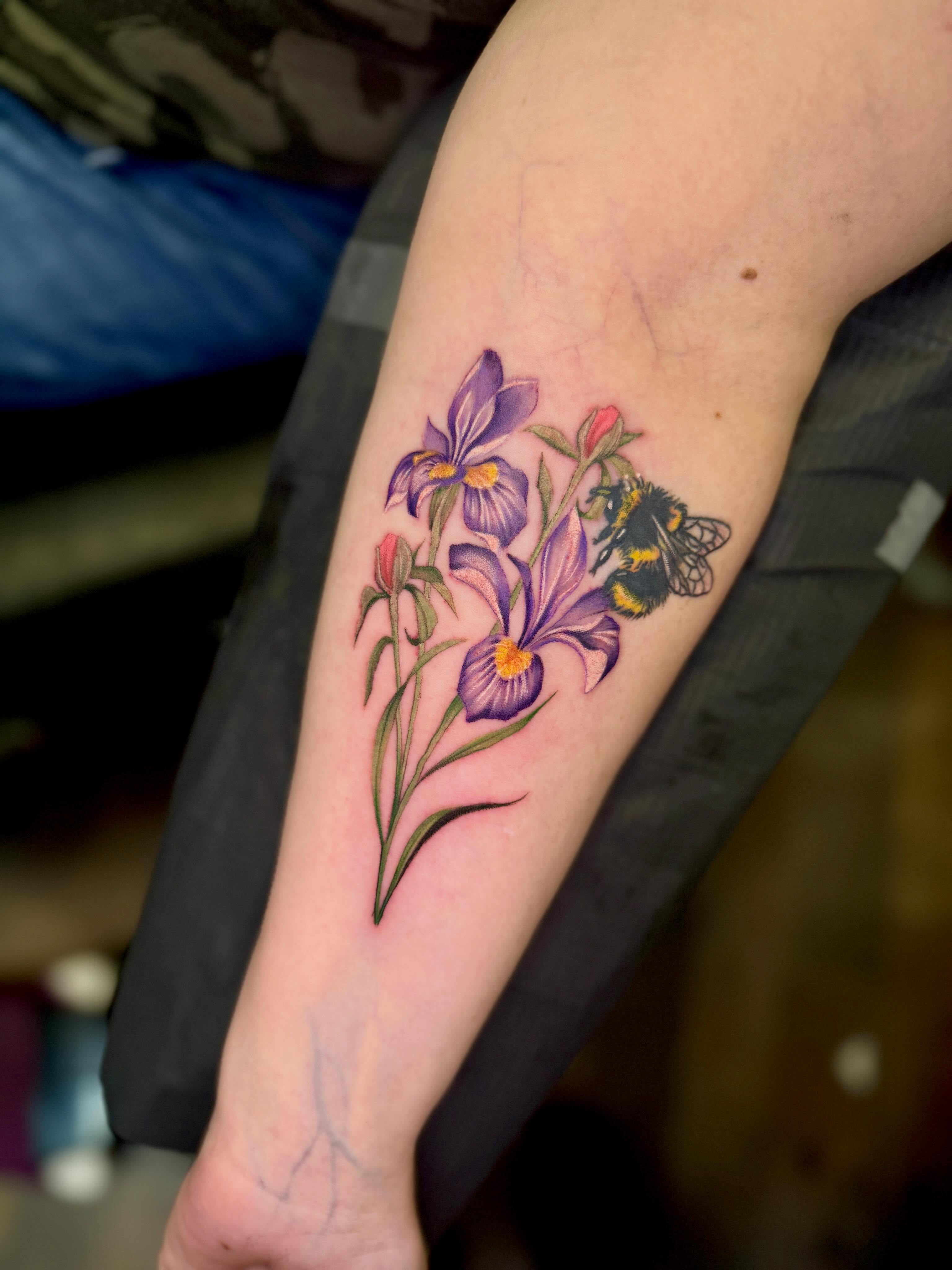 Iris and bee realism tattoo on the forearm by πβ¨ππ₯π’π©ππΆ β¨π