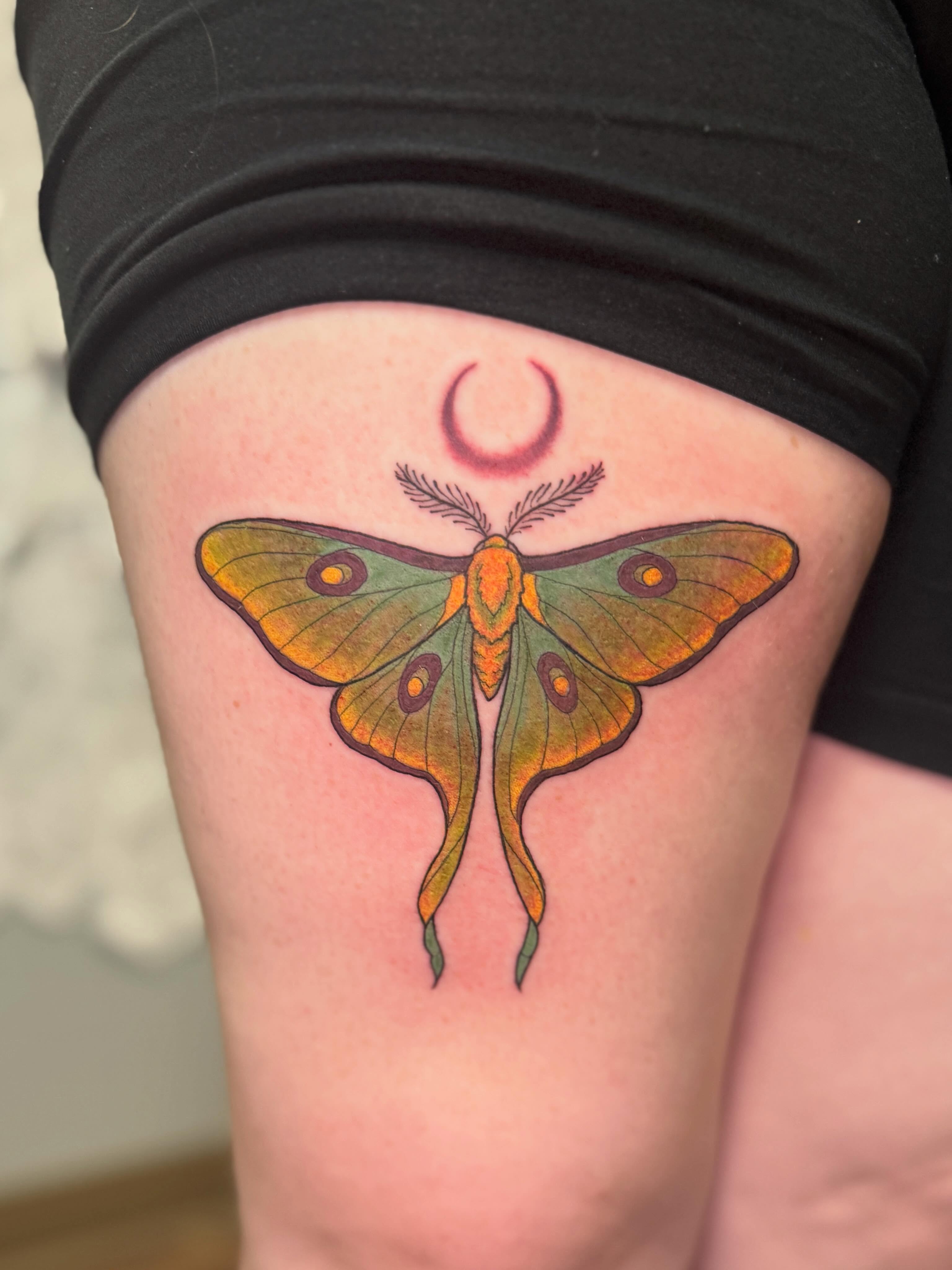 Moth and crescent moon dotwork tattoo on the thigh by πβ¨ππ₯π’π©ππΆ β¨π