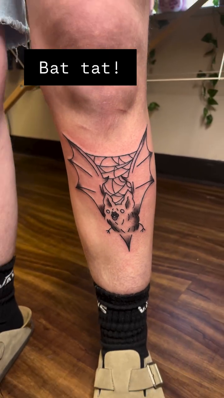 Bat tattoo on leg fine line tattoo on the calf by Jazzy