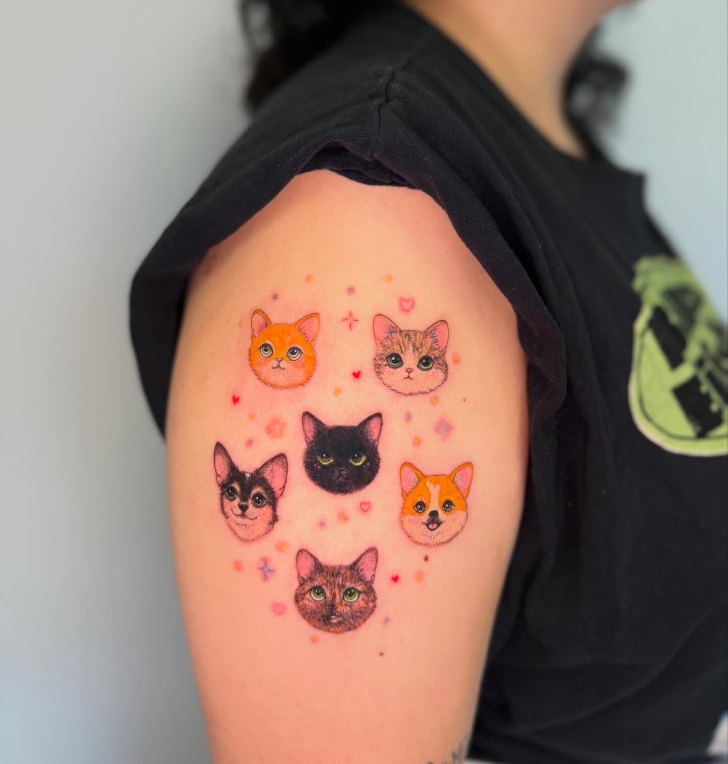 Cat portraits dotwork tattoo on the shoulder by Cat girl tattoo