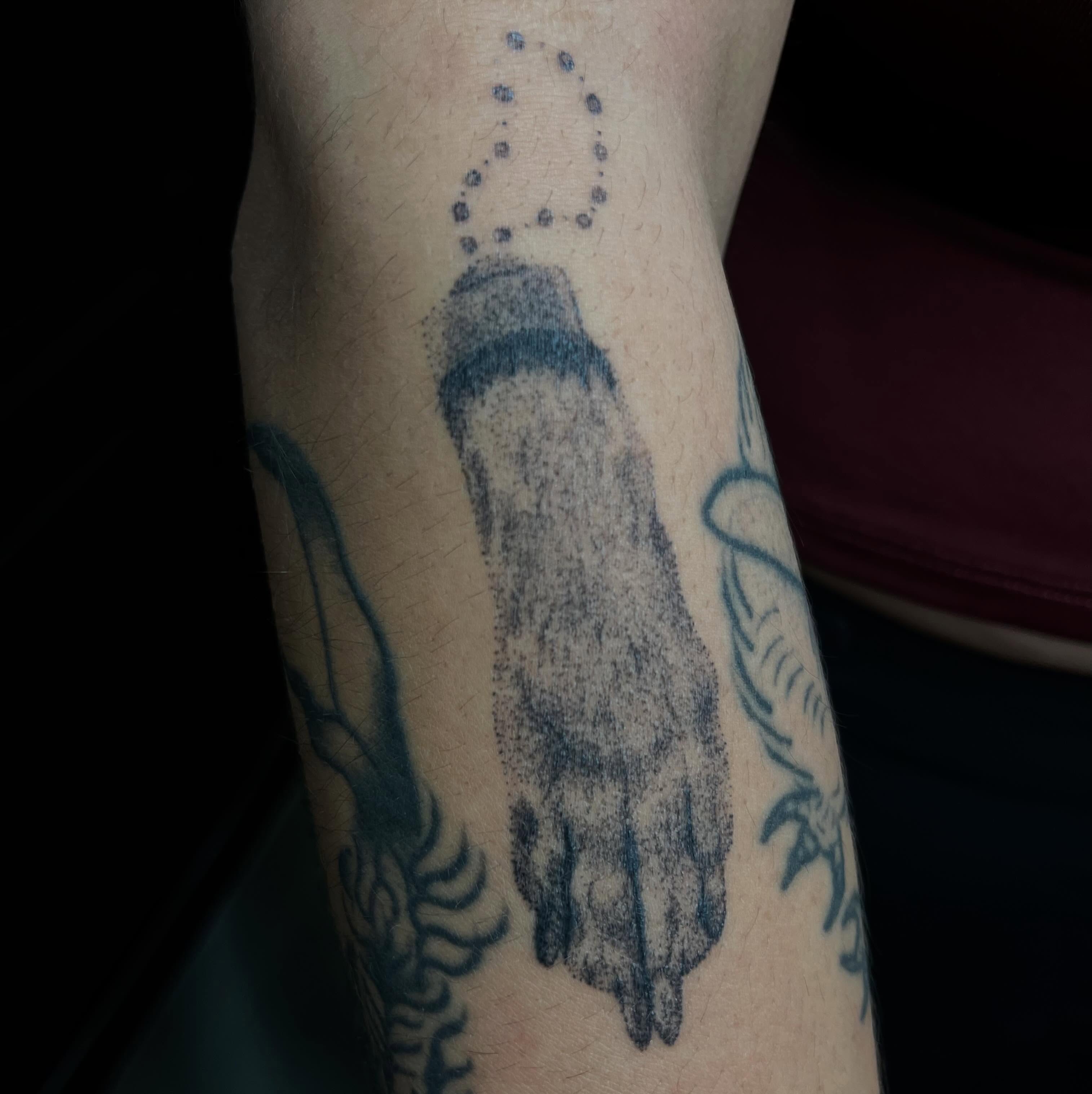 Handprint dotwork tattoo on the forearm by ⁎⁺˳✧༚Emma