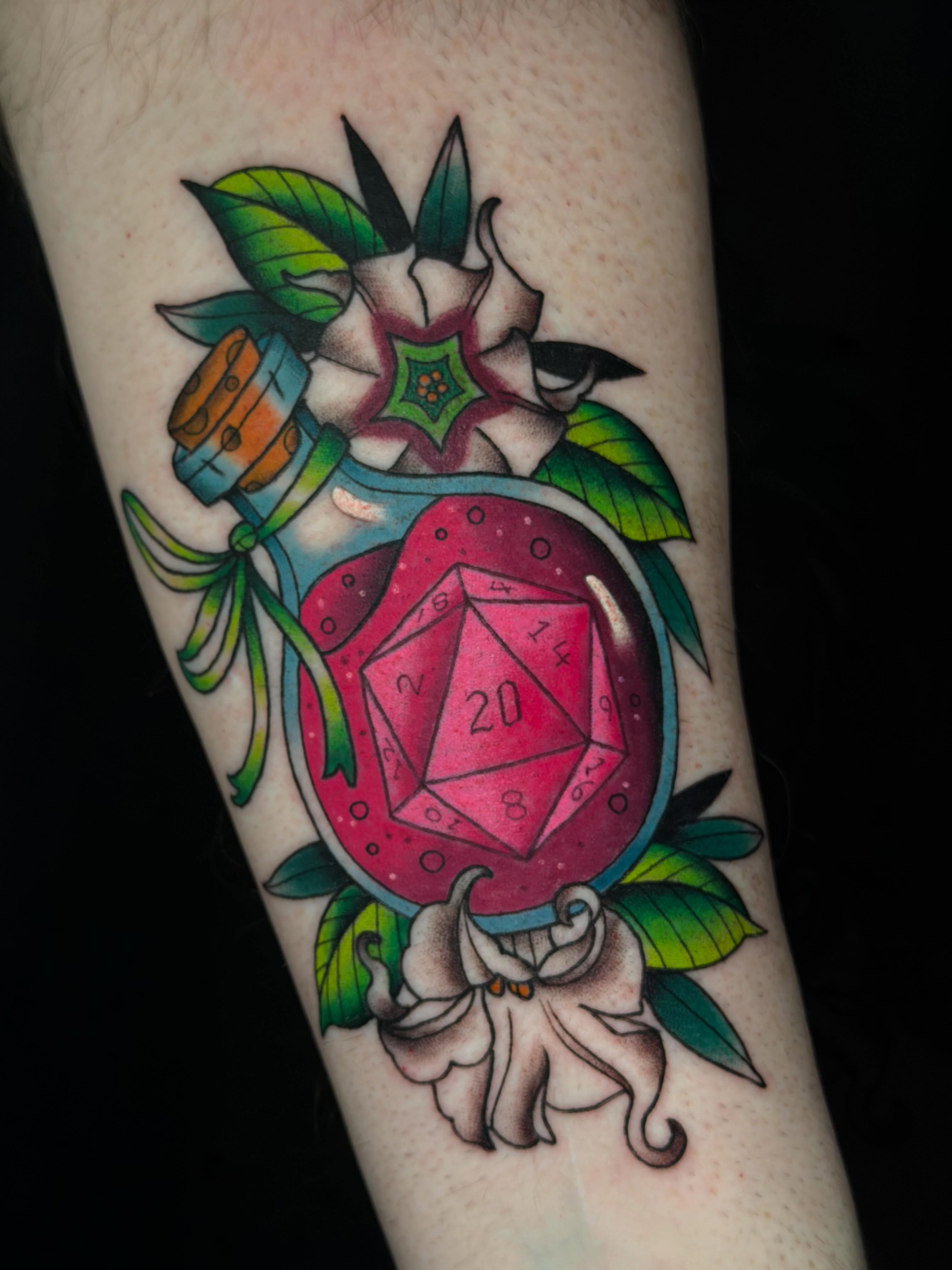 D20 American traditional tattoo on the forearm by ♥︎ ᴅᴇᴠ ʀᴇɴᴇᴇ ♥︎