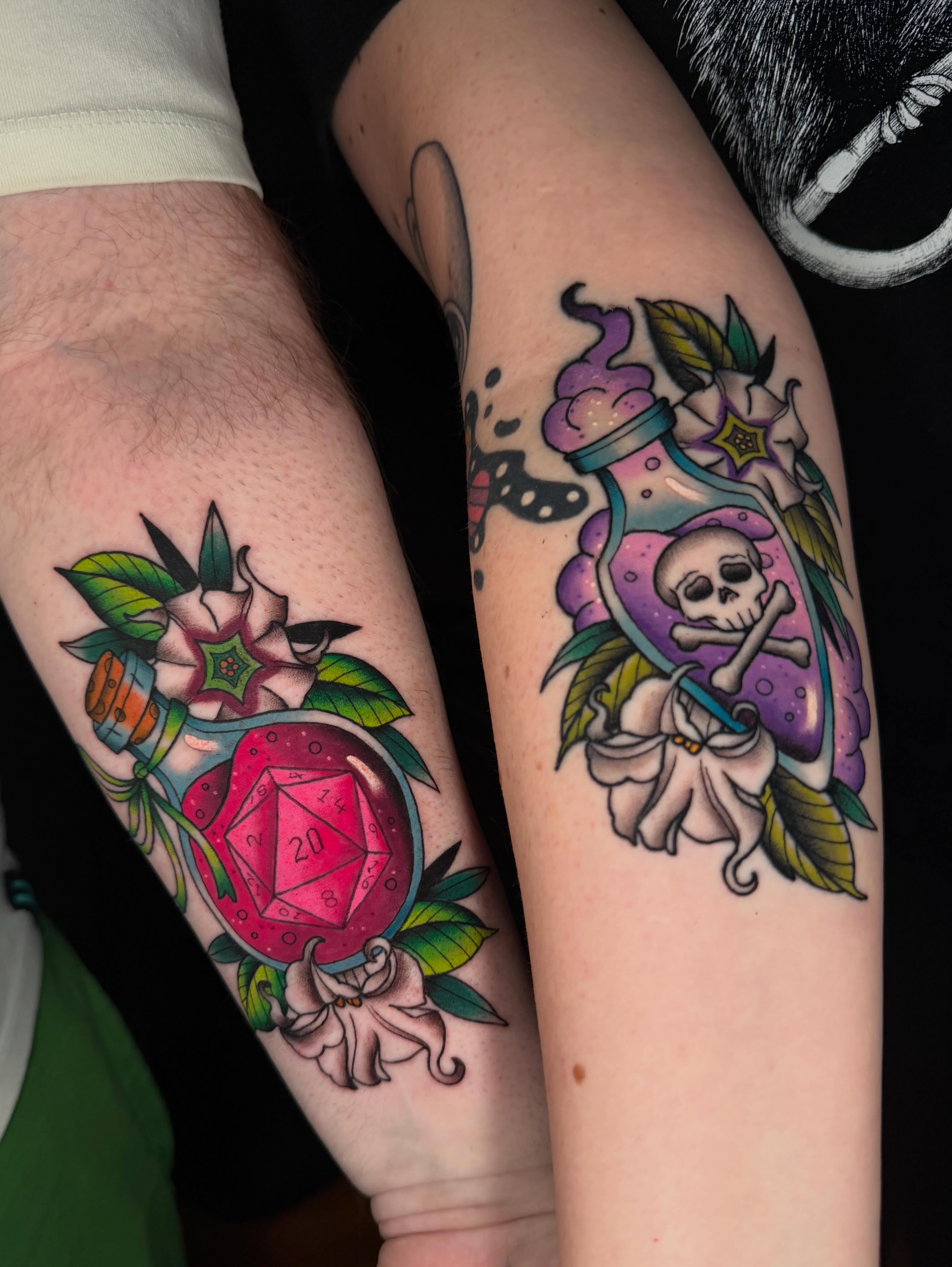 D20 and potion bottle American traditional tattoo on the forearm by ♥︎ ᴅᴇᴠ ʀᴇɴᴇᴇ ♥︎