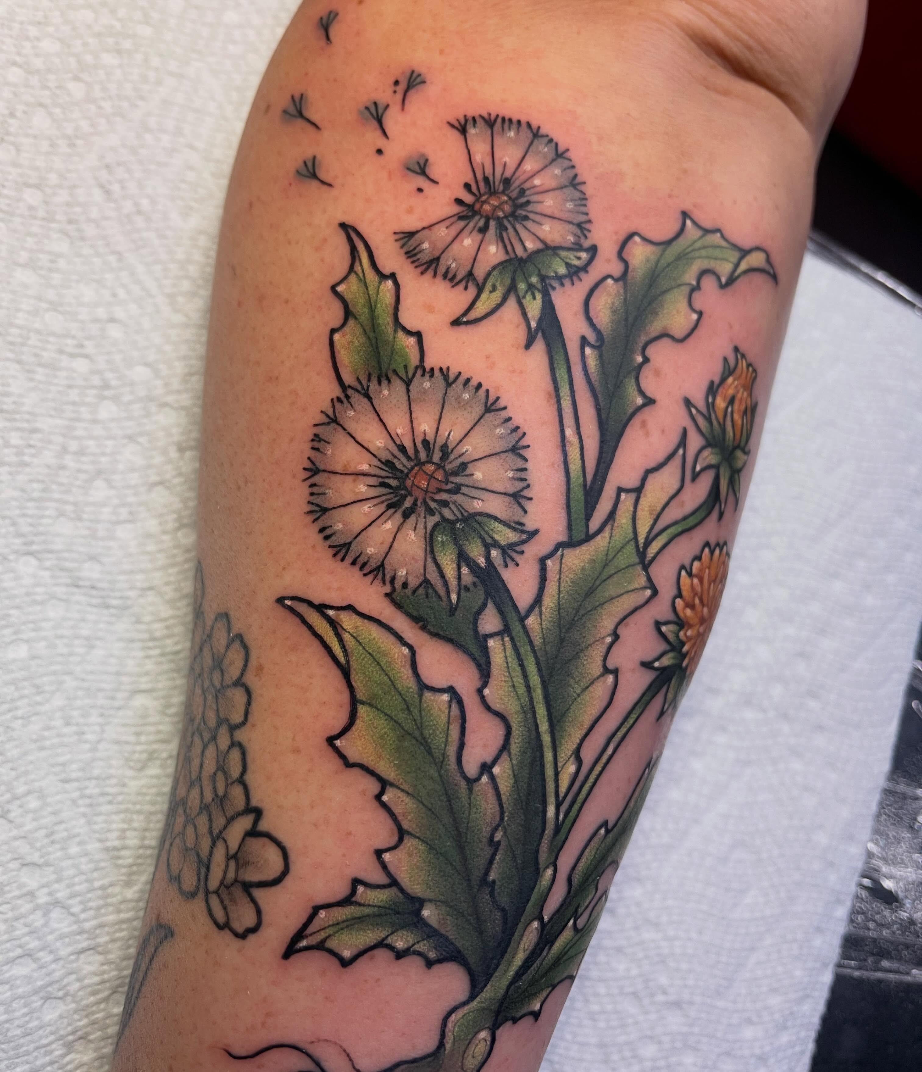 Dandelion American traditional tattoo on the forearm by 🌿Izzy🌿