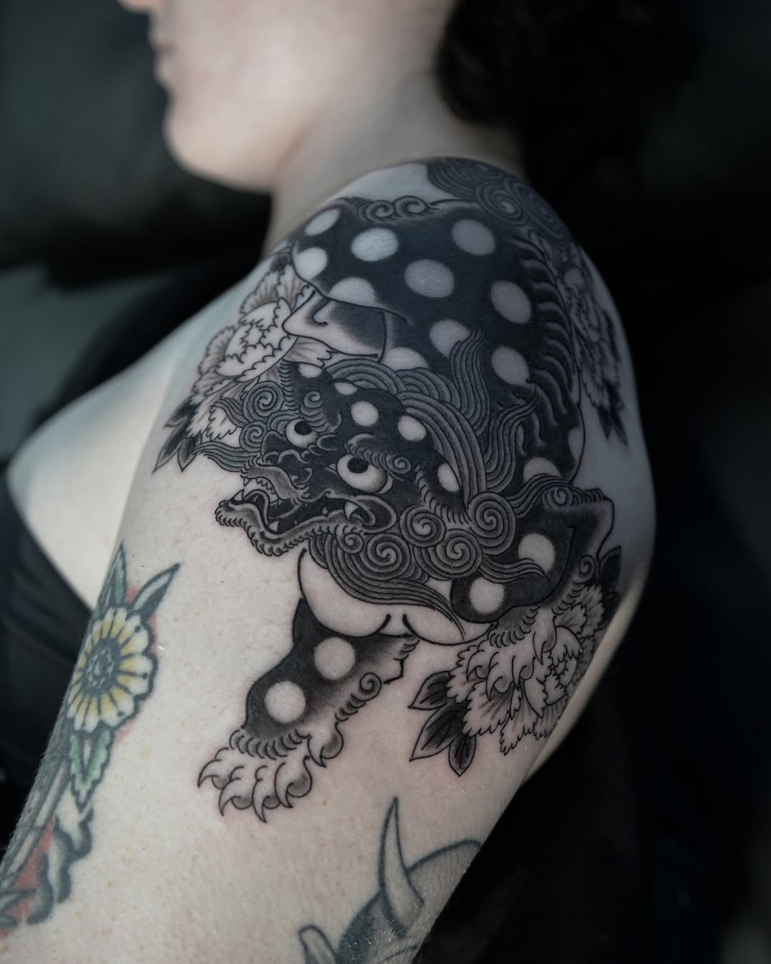 Dotwork dragon dotwork tattoo on the shoulder by zak brochu, Windsor, Ontario