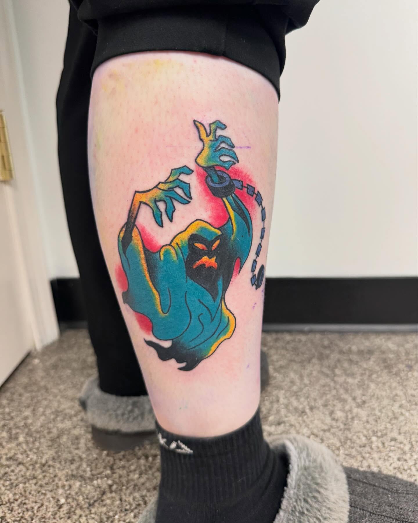 Ghost watercolor tattoo on the thigh by Brazun Locker Poloschan