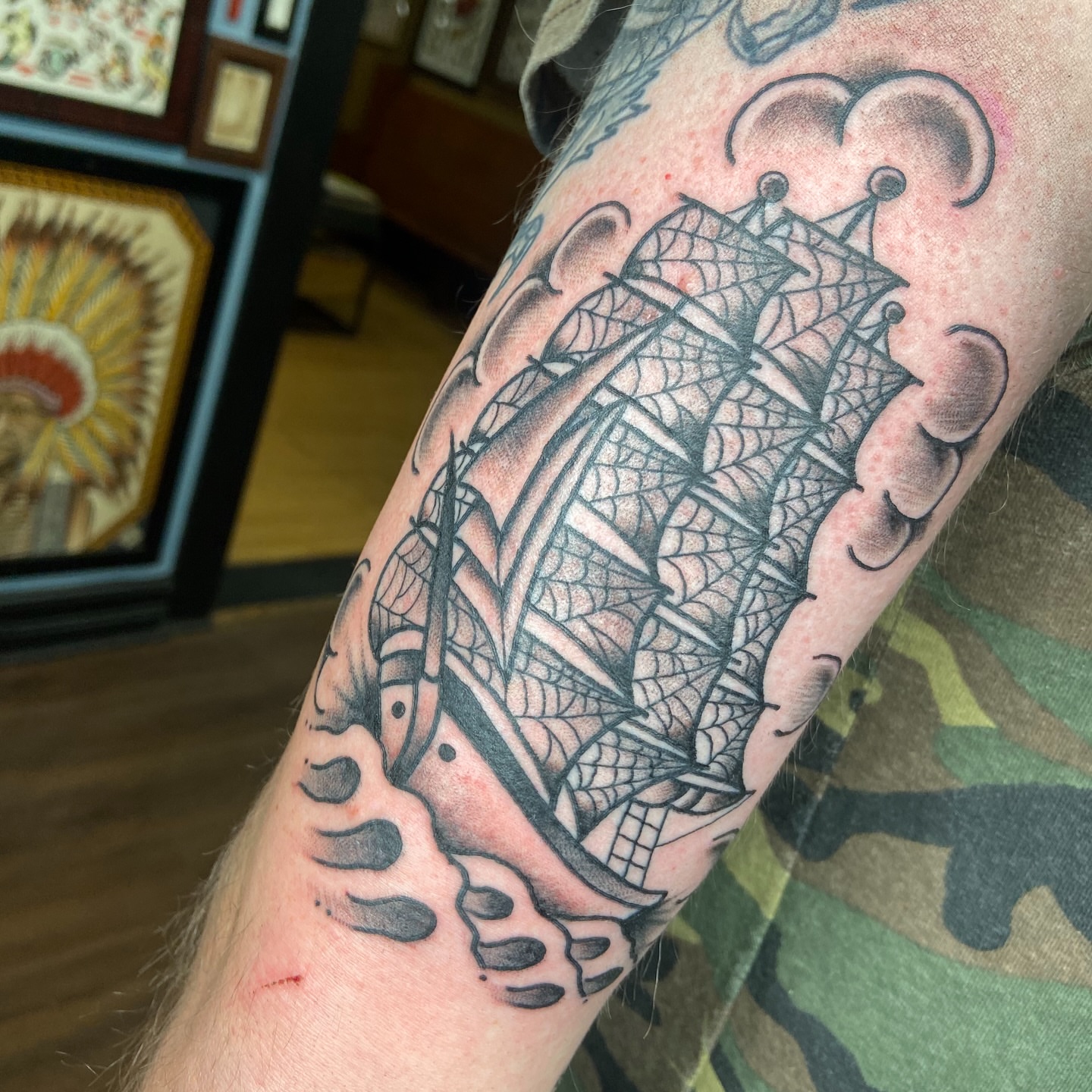 Ship black and grey tattoo on the forearm by nicholas mcevoy, Boston, Massachusetts