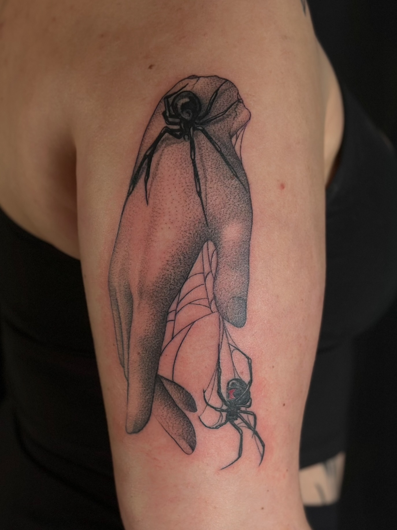 Spider and web dotwork tattoo on the forearm by Zoe Arrigo