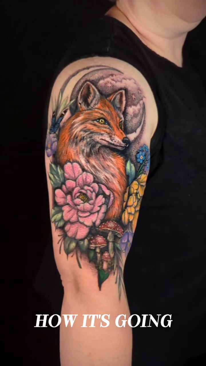 Fox and flowers realism tattoo by Jessica Sheahan